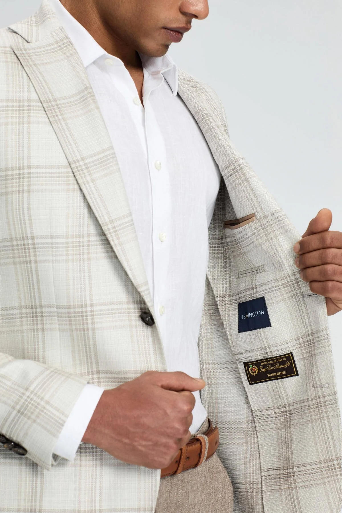 Hemington - İpek-Yün Karışım Ekose Desen Krem Rengi Blazer Ceket (5)