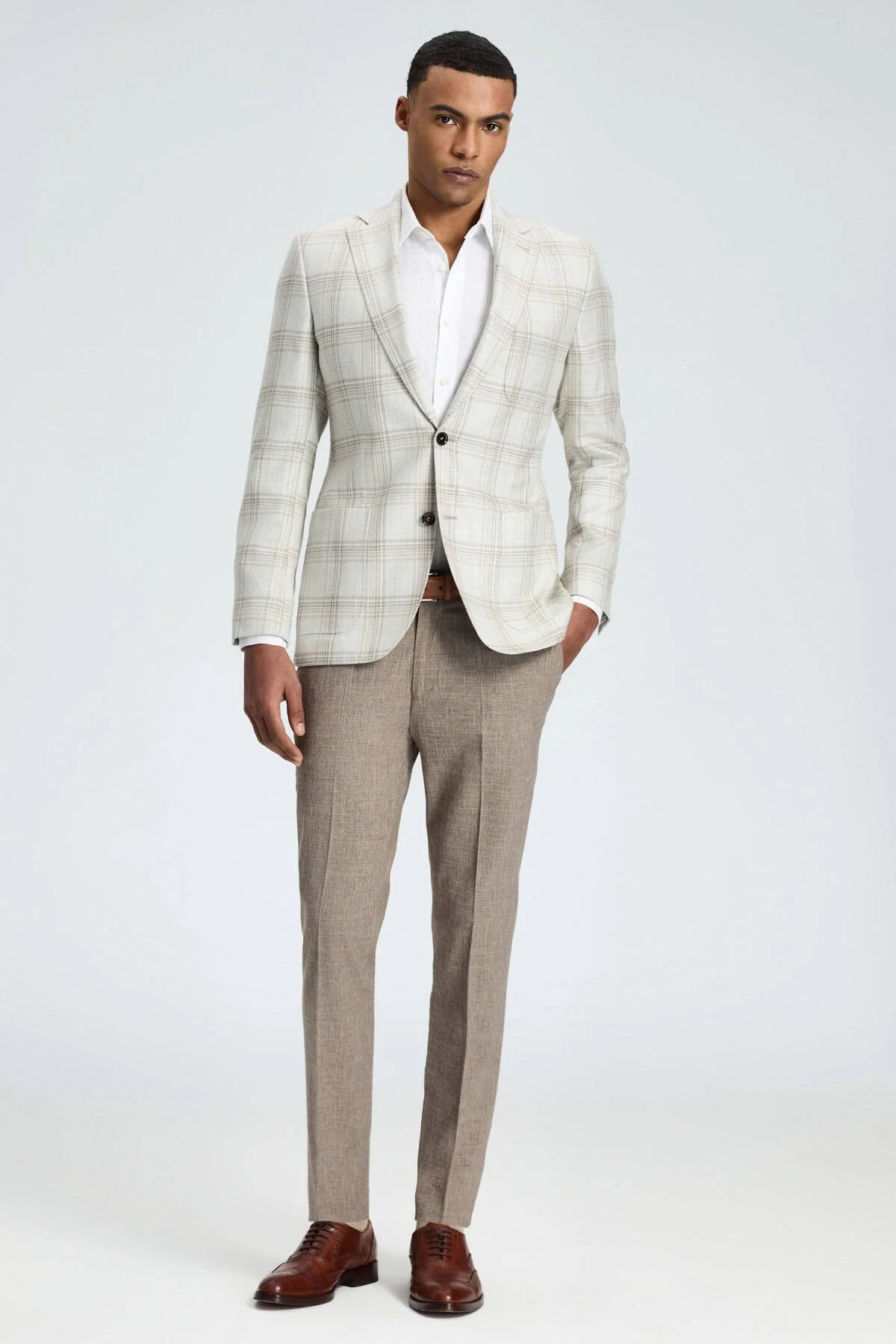 Hemington - İpek-Yün Karışım Ekose Desen Krem Rengi Blazer Ceket (3)