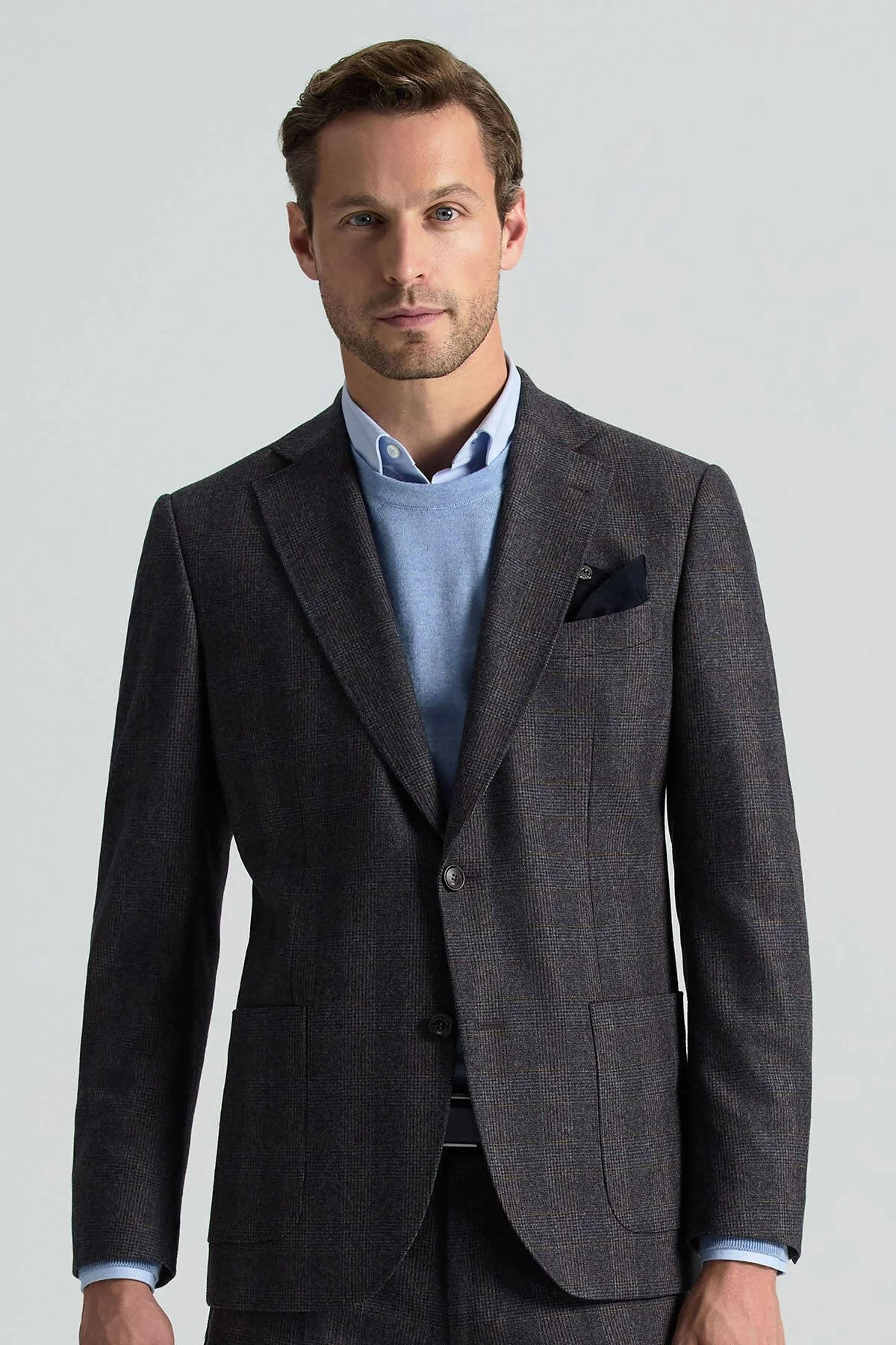 Hemington - İtalyan Yün Kaşmir Karışım Ekose Desen Antrasit Blazer Ceket (1)