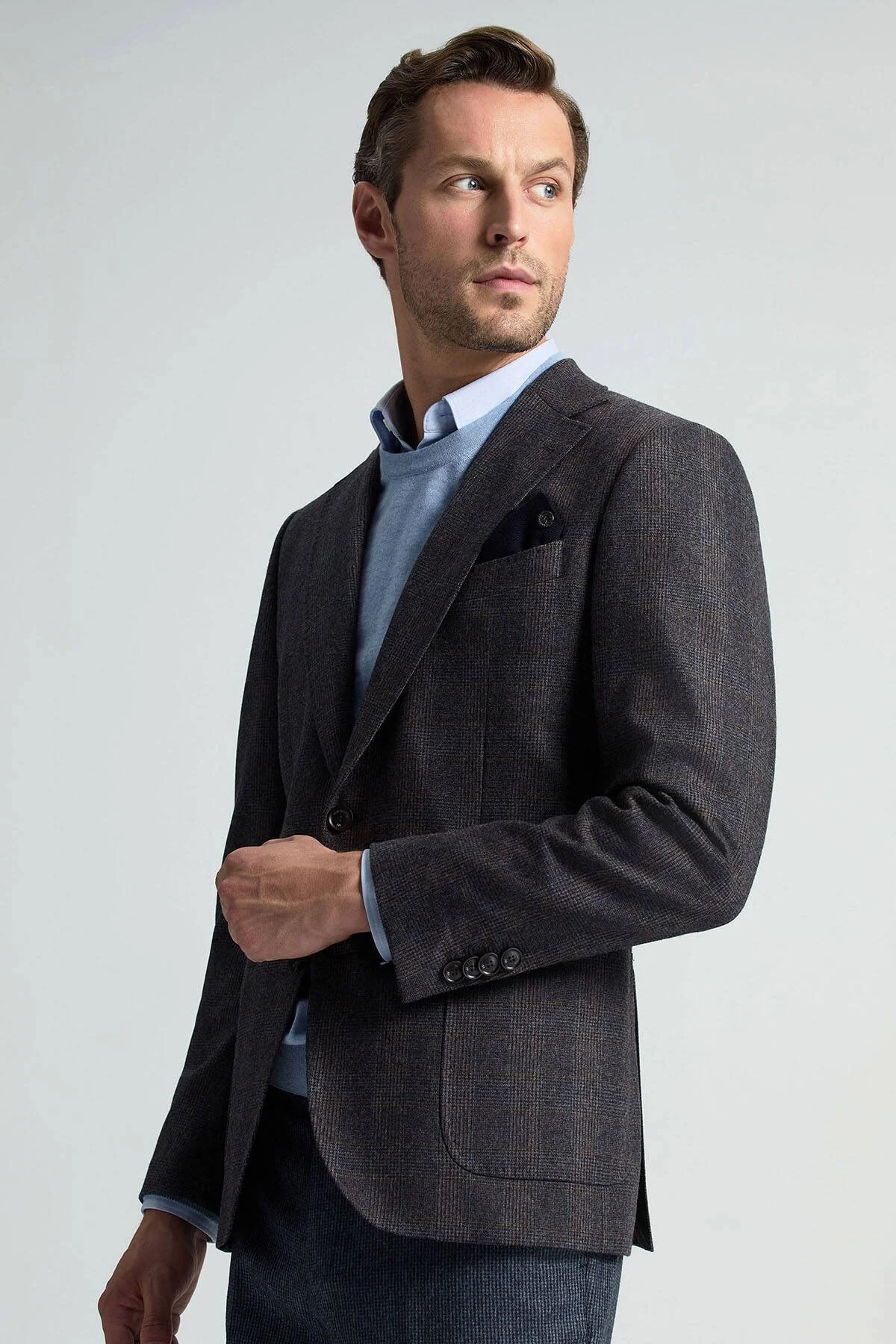 Hemington - İtalyan Yün Kaşmir Karışım Ekose Desen Antrasit Blazer Ceket (5)