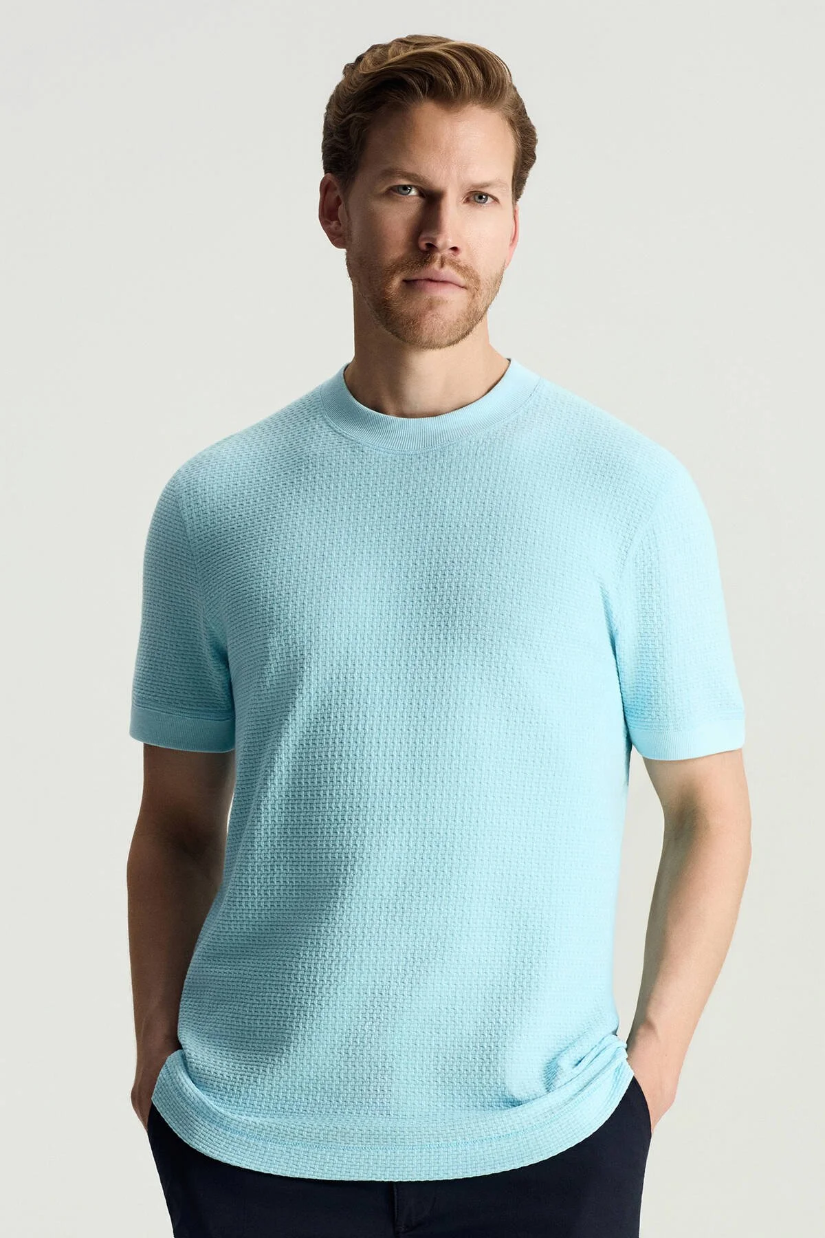 Hemington - Jakar Desen Saf Pamuk Bisiklet Yaka Mavi T-Shirt (1)