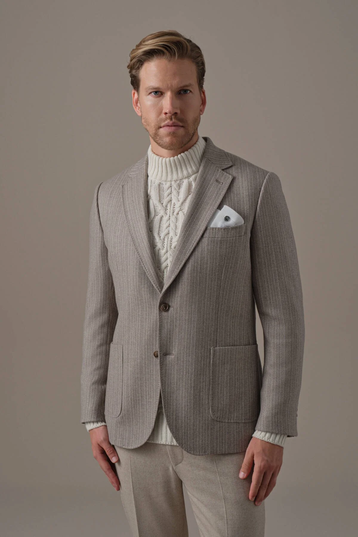 Hemington - Kaşmir Yün Balıksırtı Desen Bej Blazer Ceket (1)