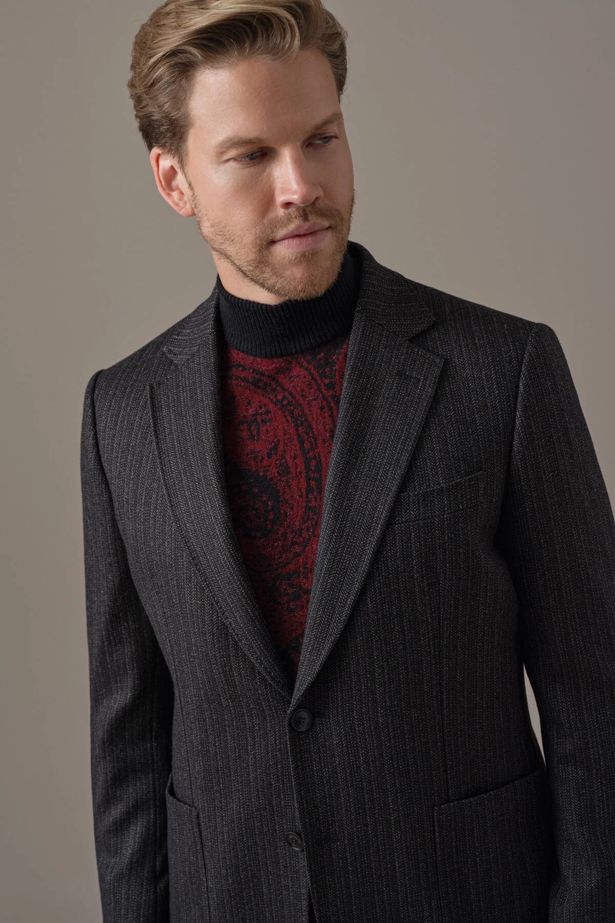 Hemington - Kaşmir Yün Balıksırtı Desen Siyah Blazer Ceket (2)