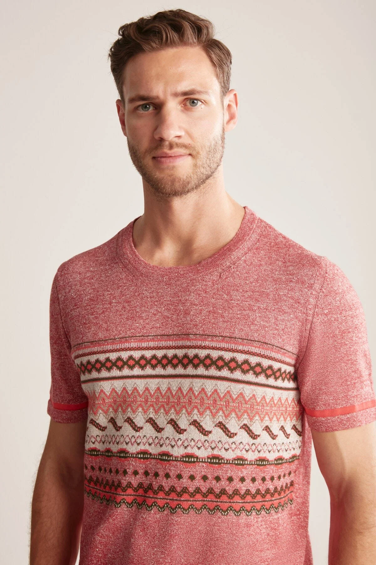 Hemington - Keten Pamuk Karışım Etnik Desen Bordo Triko T-Shirt (1)