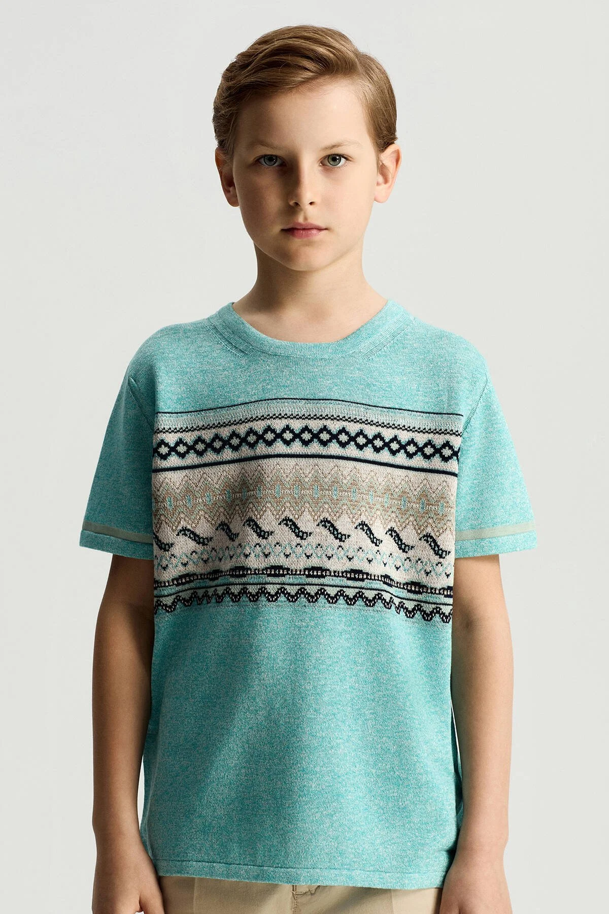 Hemington - Keten Pamuk Karışım Etnik Desen Mavi Çocuk Triko T-Shirt (1)
