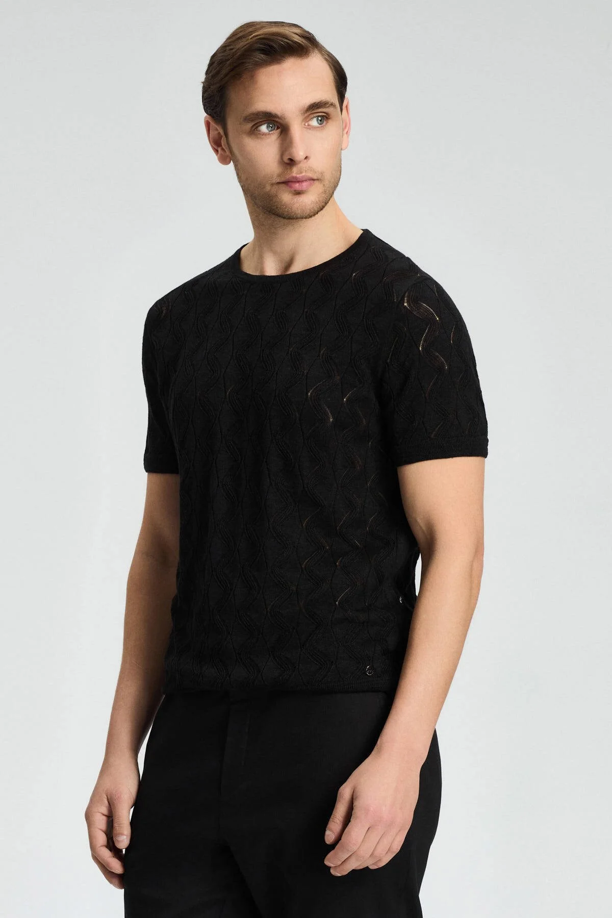 Hemington - Keten Pamuk Ajur Desen Bisiklet Yaka Siyah Triko T-Shirt (4)