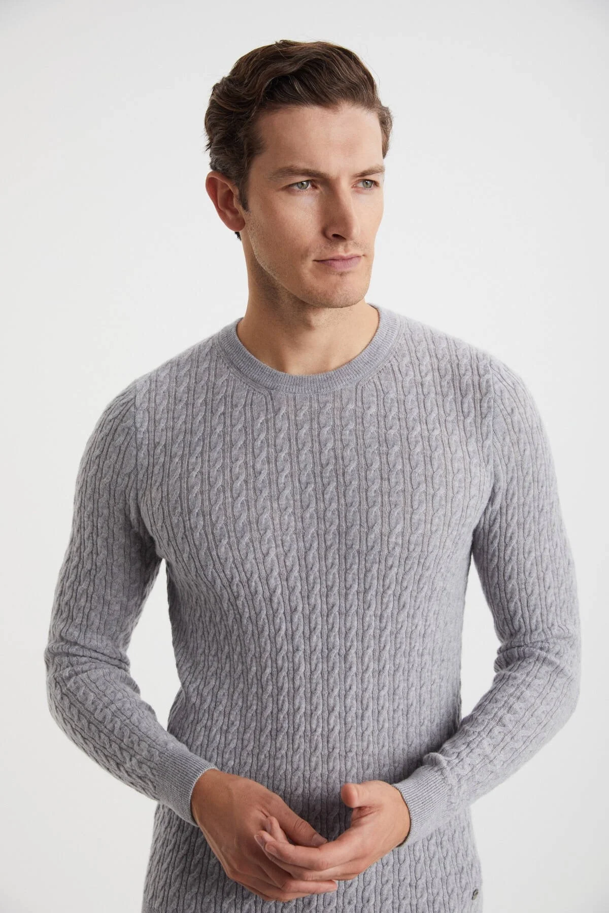 Hemington - Saç Örgü Desen Lambswool Açık Gri Kazak (1)