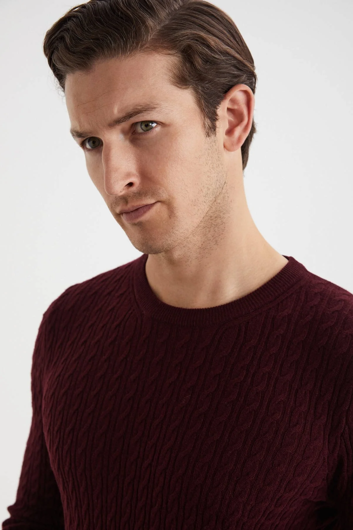 Hemington - Saç Örgü Desen Lambswool Bordo Kazak (4)