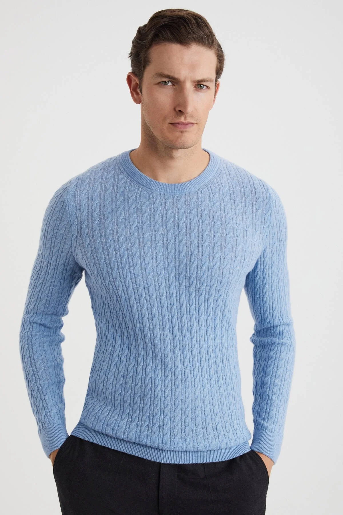 Hemington - Saç Örgü Desen Lambswool Buz Mavisi Kazak (1)