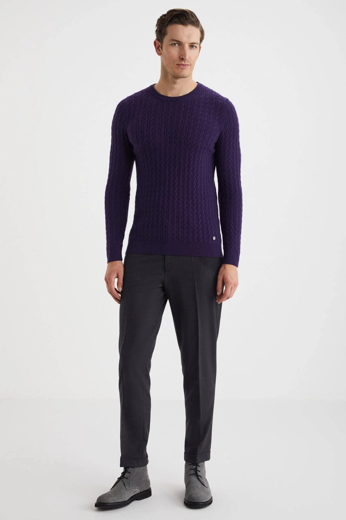 Hemington - Saç Örgü Desen Lambswool Mor Kazak (1)