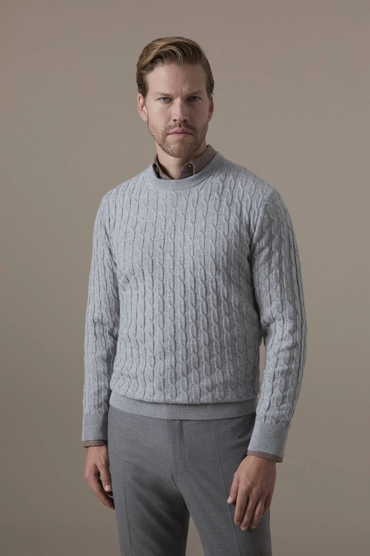 Hemington - Lambswool Yün Saç Örgülü Bisiklet Yaka Açık Gri Kazak (1)