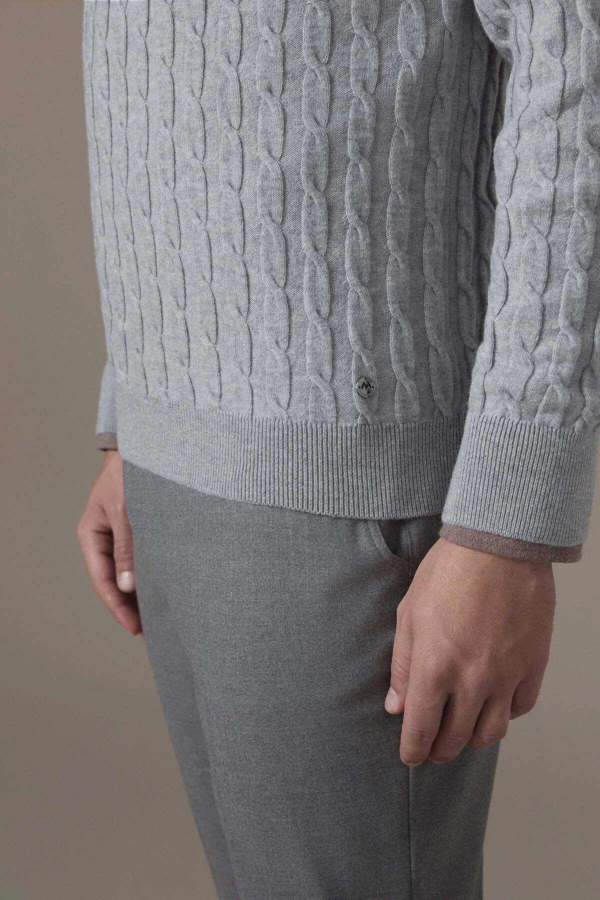 Hemington - Lambswool Yün Saç Örgülü Bisiklet Yaka Açık Gri Kazak (3)