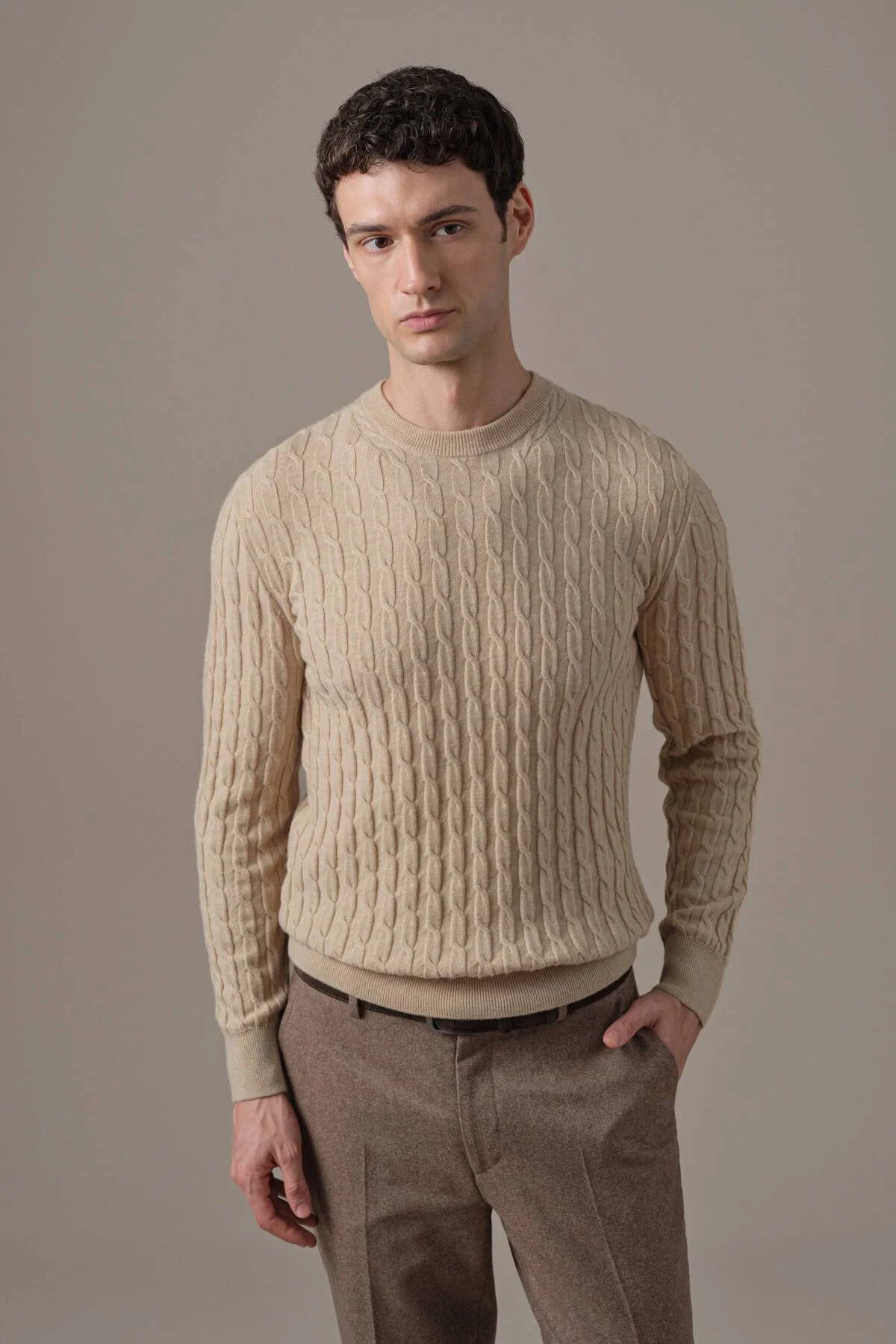 Hemington - Lambswool Yün Saç Örgülü Bisiklet Yaka Camel Kazak (1)