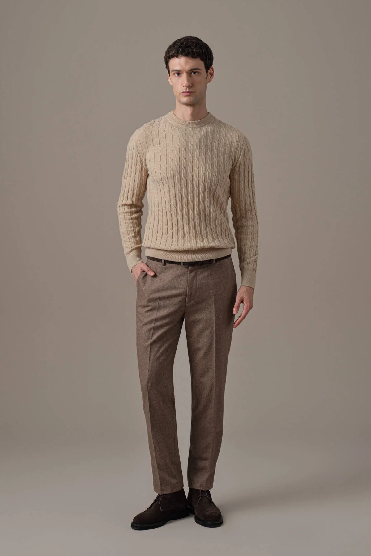 Hemington - Lambswool Yün Saç Örgülü Bisiklet Yaka Camel Kazak (2)