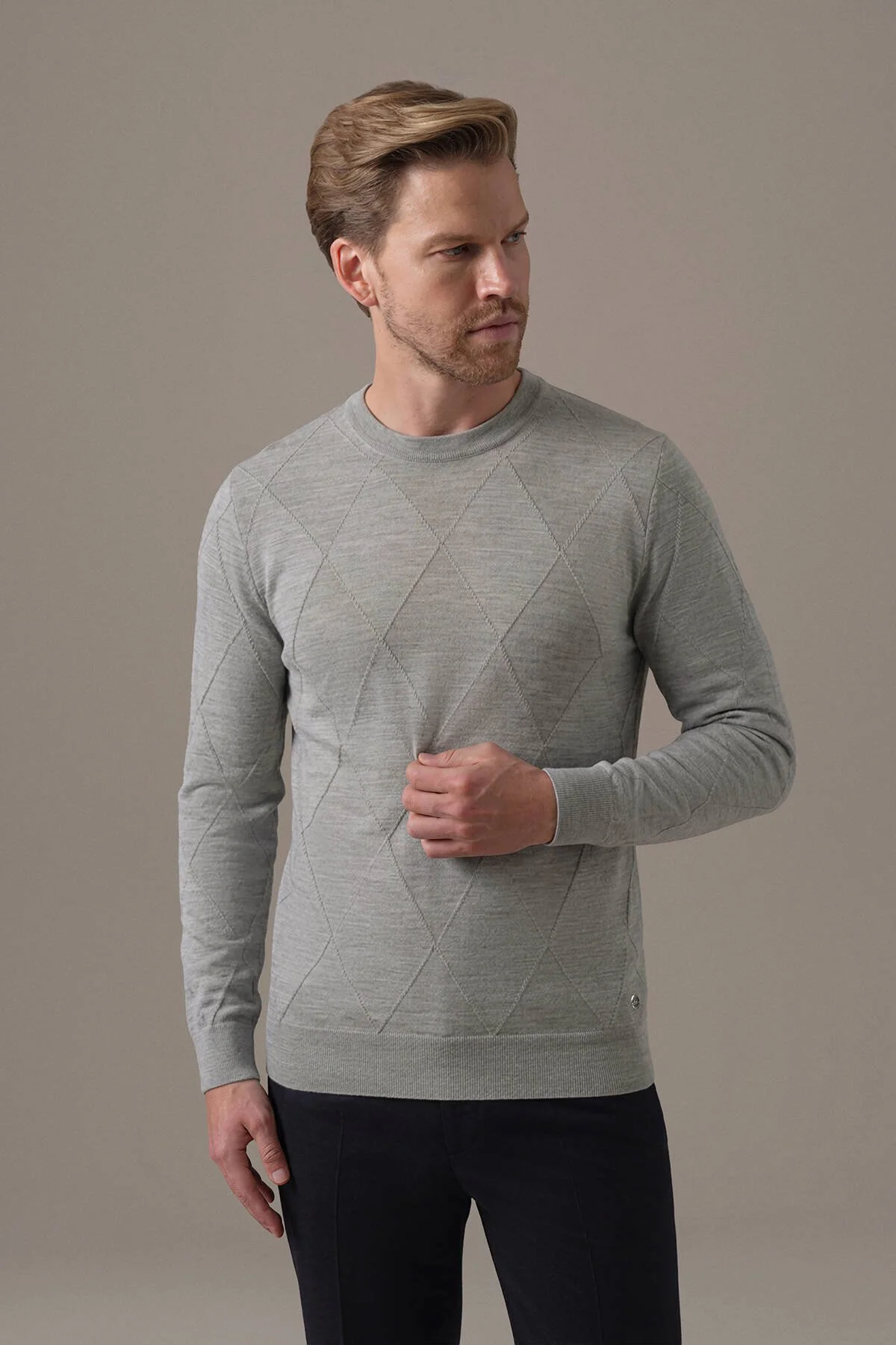 Hemington - Merino Yün İpek Karışım Bisiklet Yaka Argyle Desen Açık Gri Triko (1)