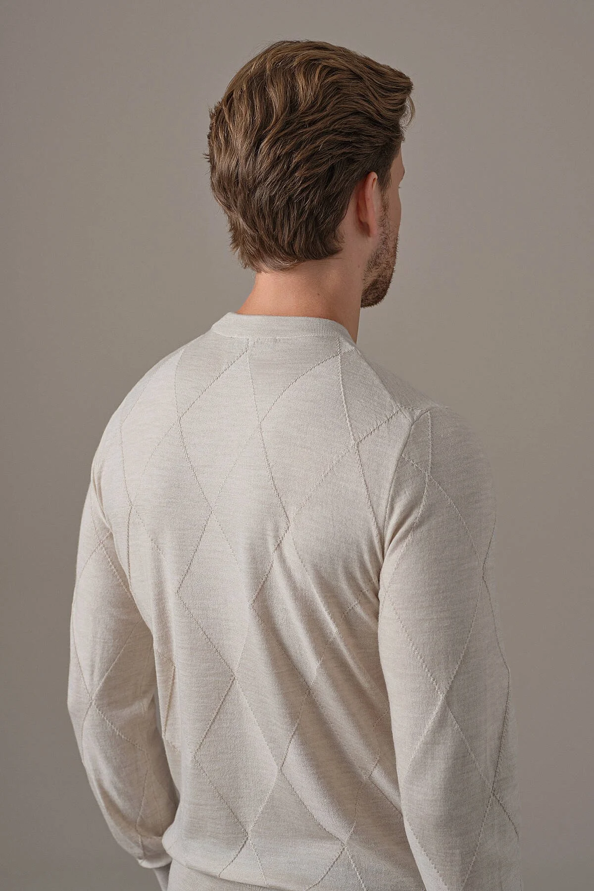 Hemington - Merino Yün İpek Karışım Bisiklet Yaka Argyle Desen Bej Triko (4)