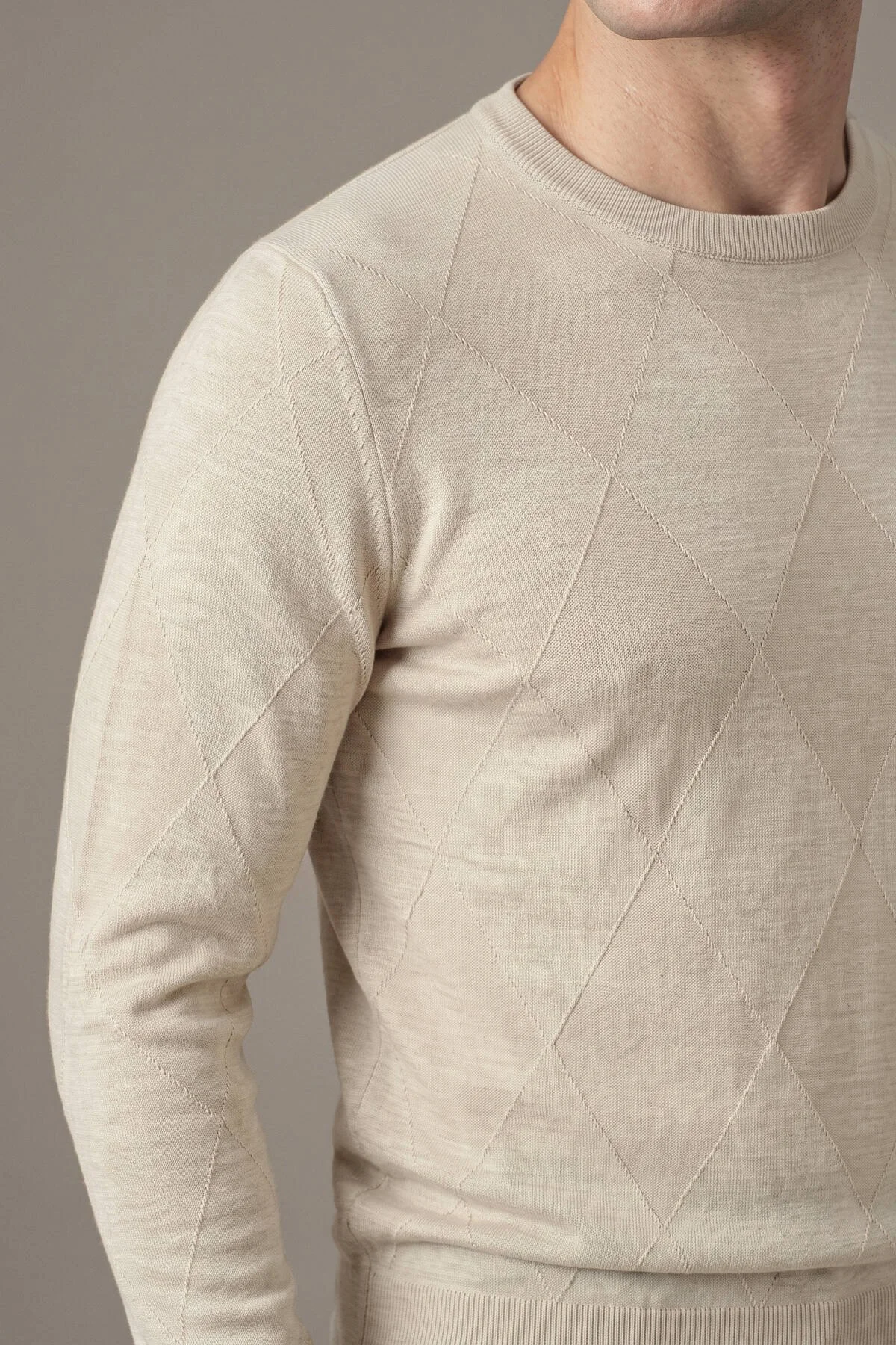 Hemington - Merino Yün İpek Karışım Bisiklet Yaka Argyle Desen Bej Triko (4)
