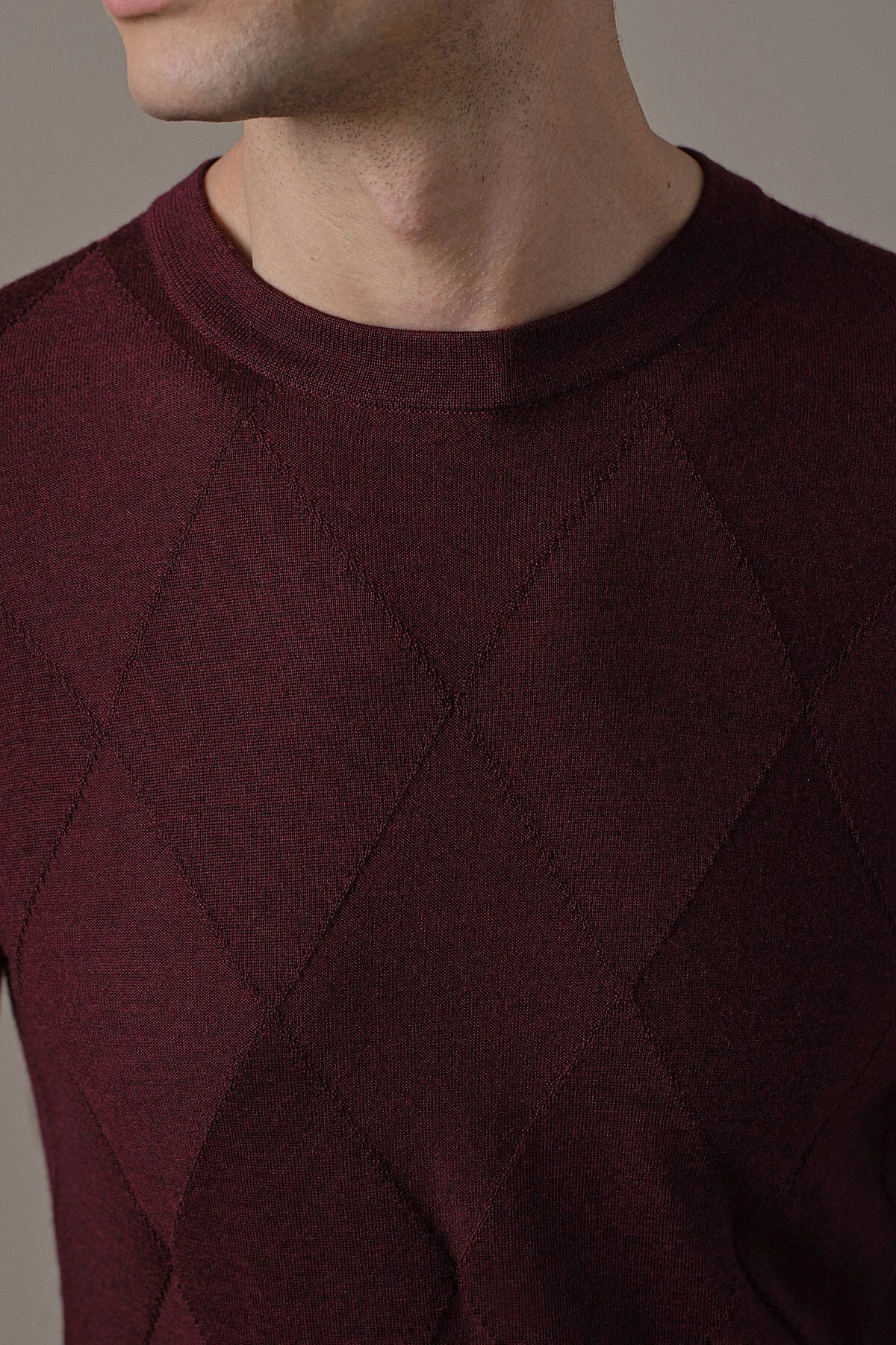 Hemington - Merino Yün İpek Karışım Bisiklet Yaka Argyle Desen Bordo Triko (3)
