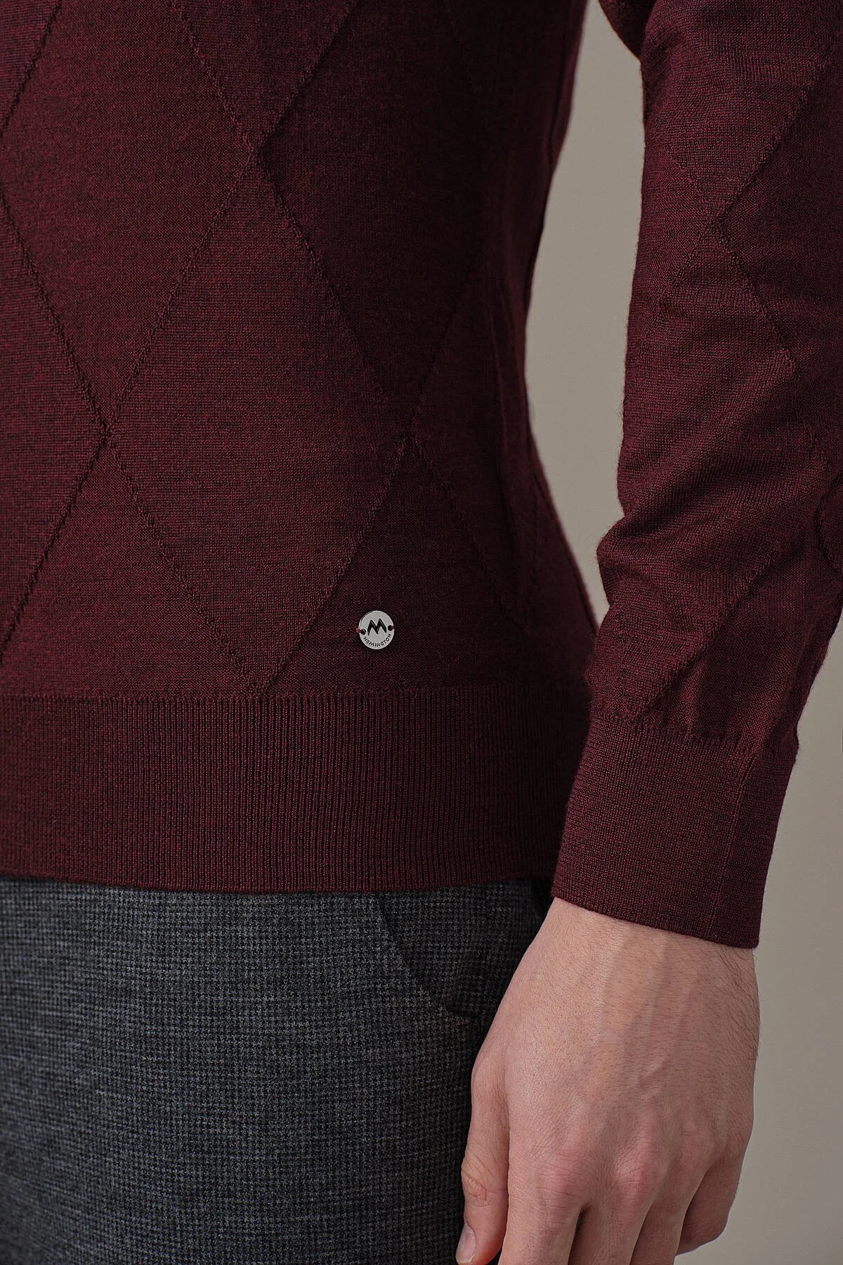 Hemington - Merino Yün İpek Karışım Bisiklet Yaka Argyle Desen Bordo Triko (4)