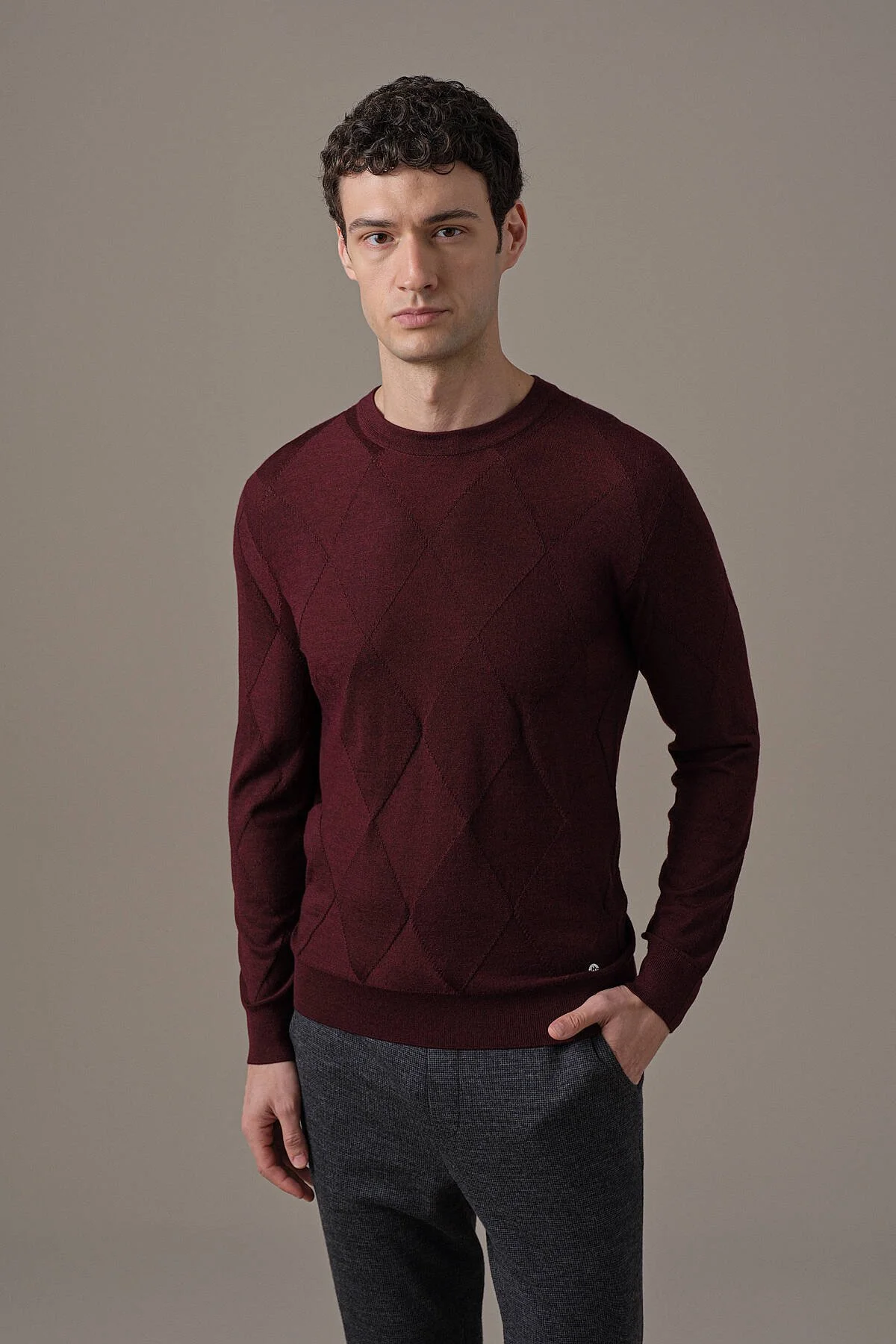 Hemington - Merino Yün İpek Karışım Bisiklet Yaka Argyle Desen Bordo Triko (1)