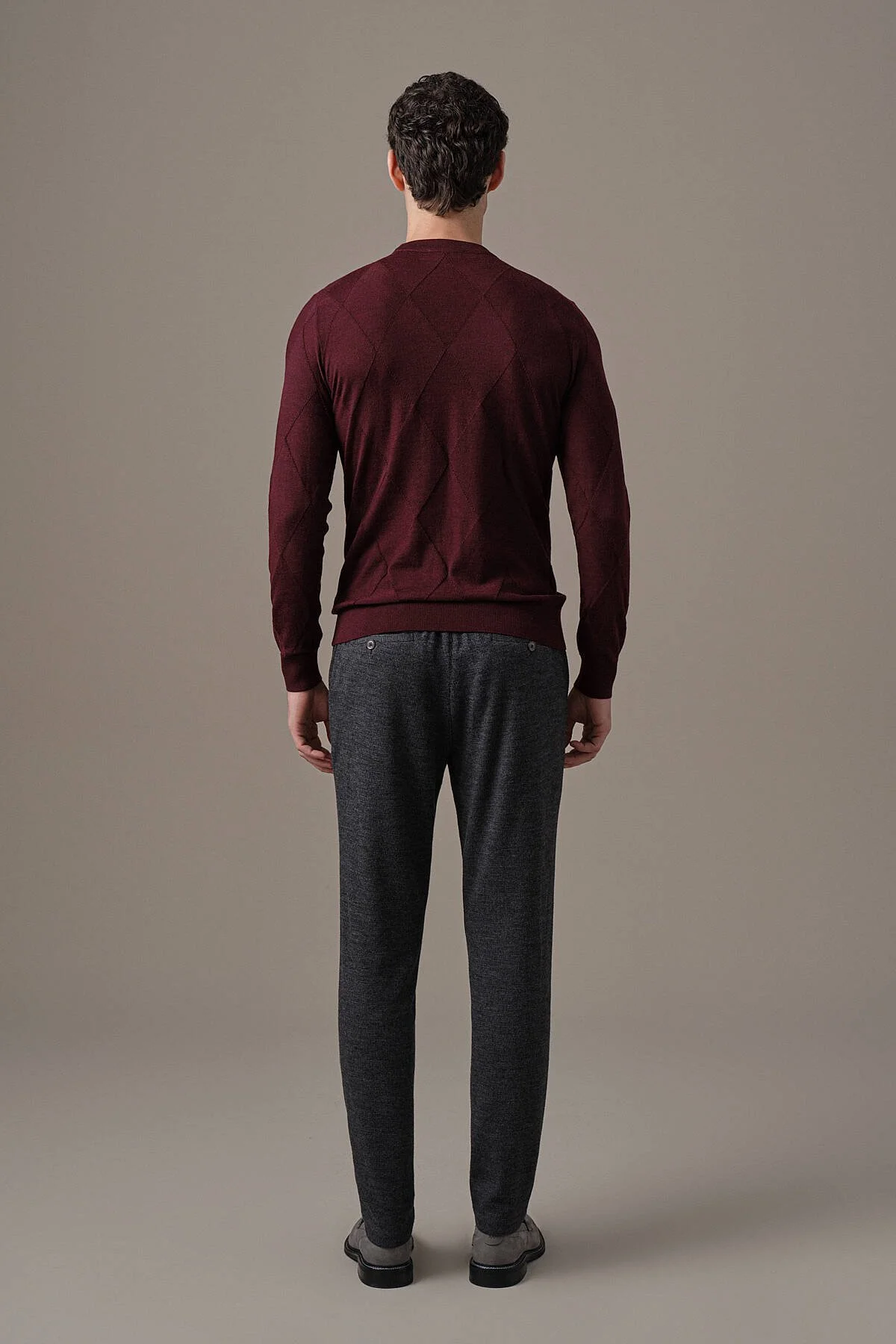 Hemington - Merino Yün İpek Karışım Bisiklet Yaka Argyle Desen Bordo Triko (5)