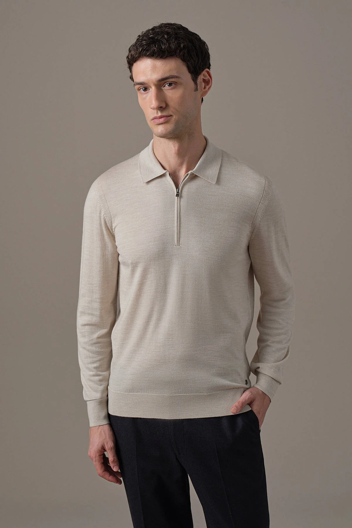 Hemington - Merino Yün İpek Karışım Fermuarlı Bej Polo Triko (1)