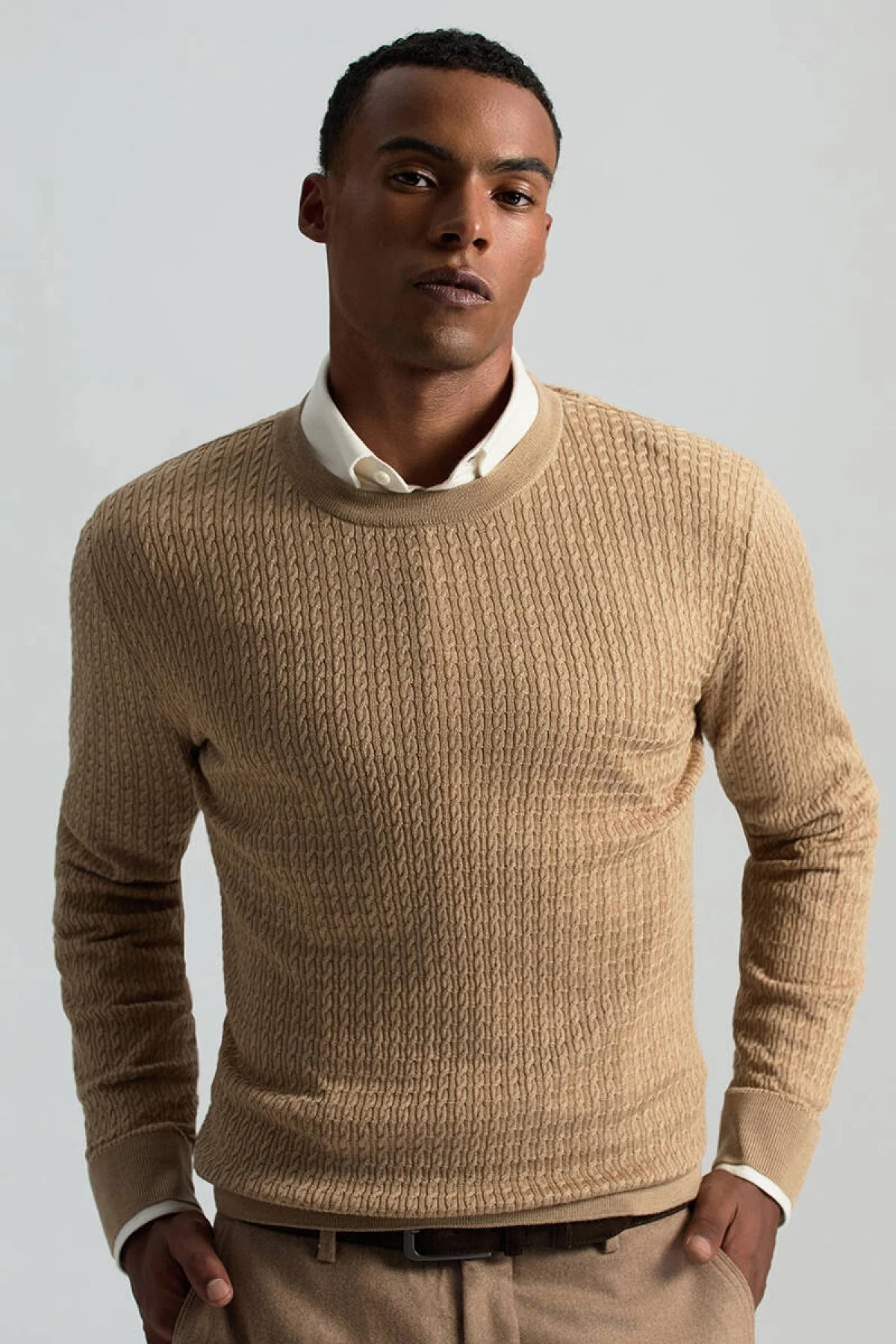 Hemington - Merino Yün İpek Karışım Örgü Desen Camel Triko (1)