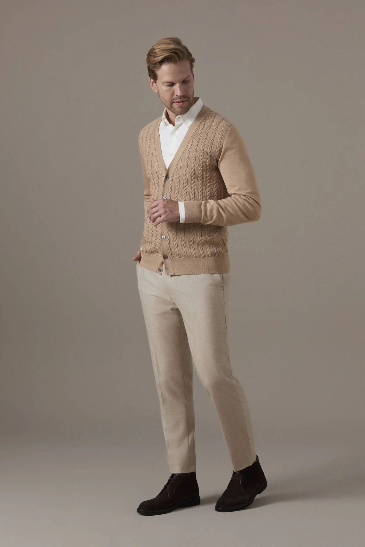 Hemington - Merino Yün İpek Karışım Örgü Desenli Camel Hırka (2)