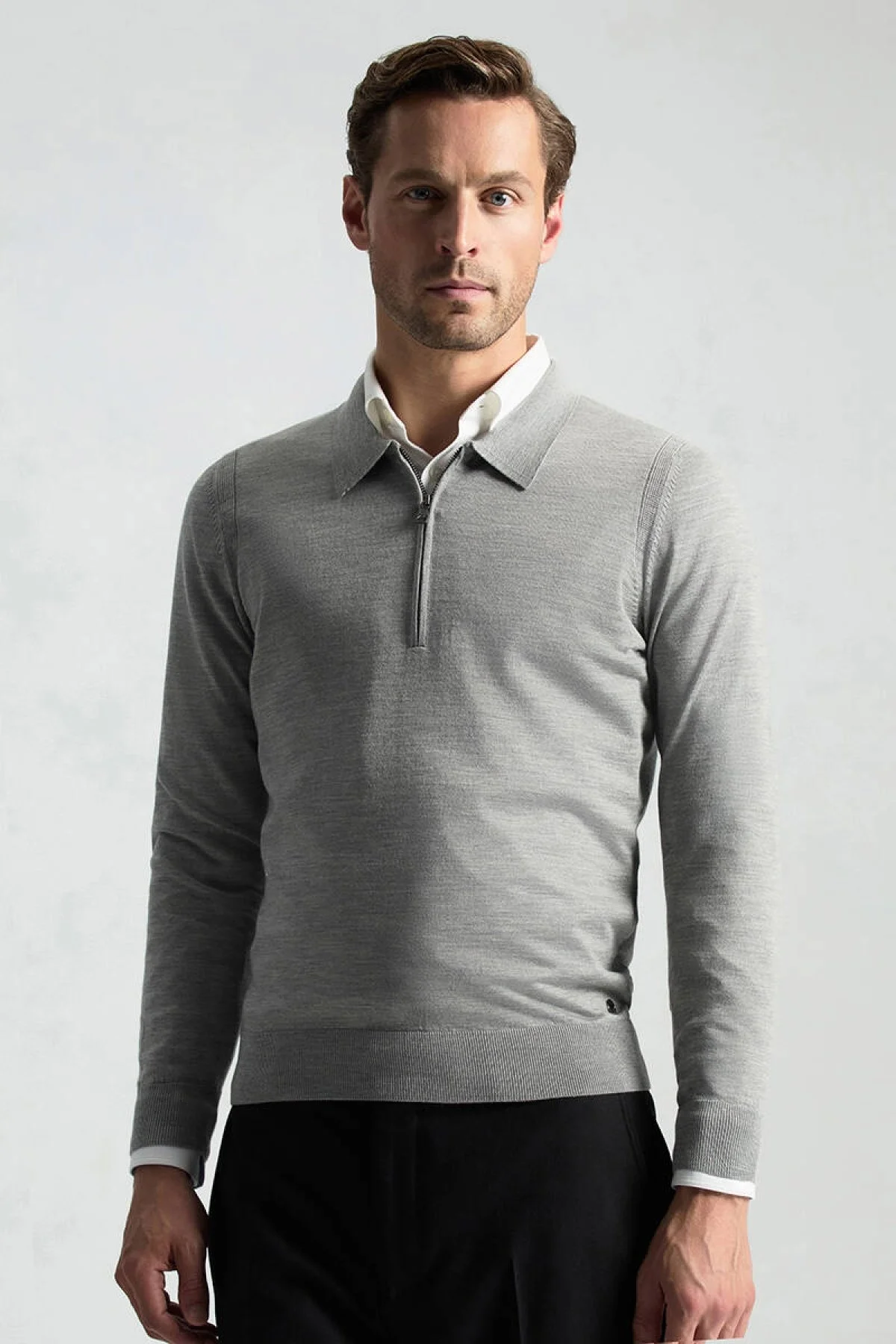 Hemington - Merino Yün İpek Karışım Polo Yaka Yarım Fermuarlı Açık Gri Triko (1)