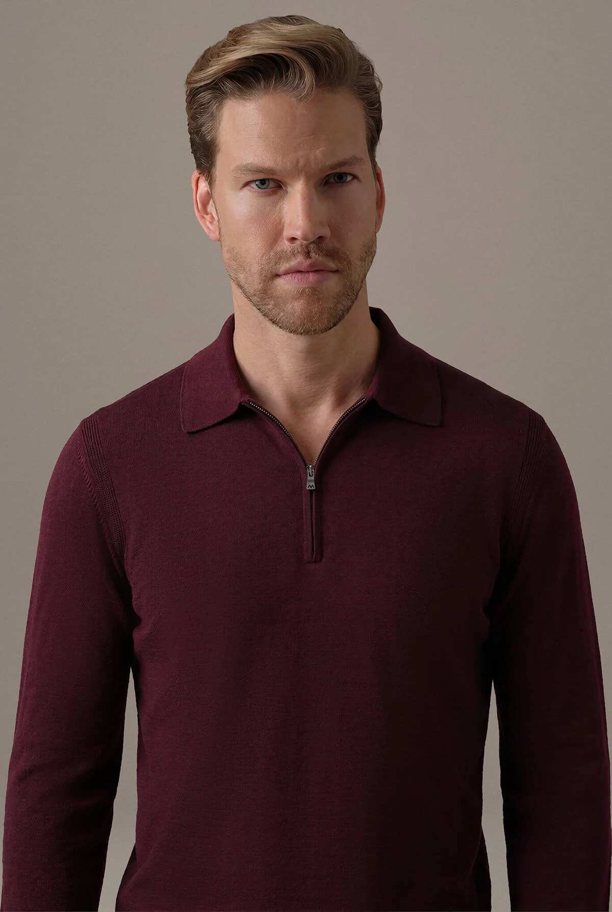Hemington - Merino Yün İpek Karışım Polo Yaka Yarım Fermuarlı Bordo Triko (1)