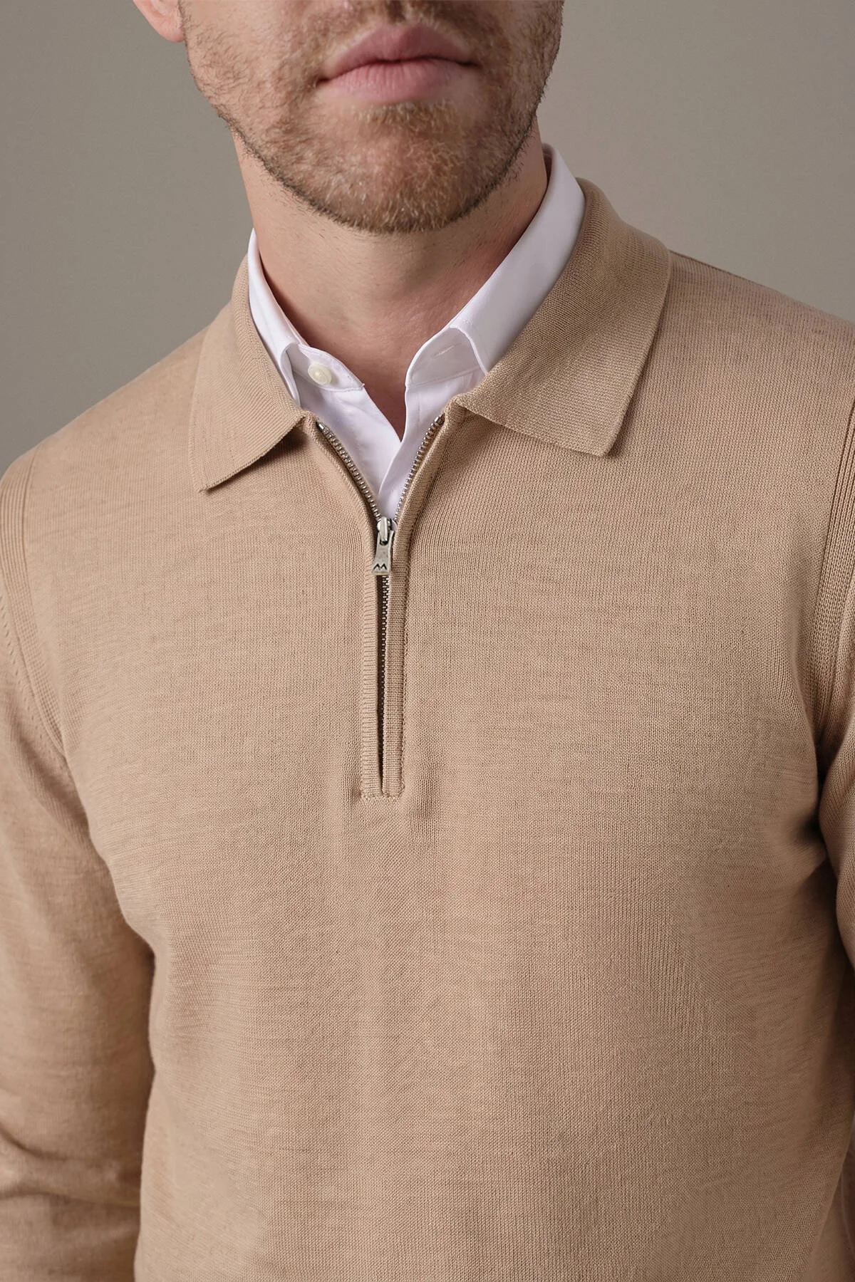 Hemington - Merino Yün İpek Karışım Polo Yaka Yarım Fermuarlı Camel Triko (3)