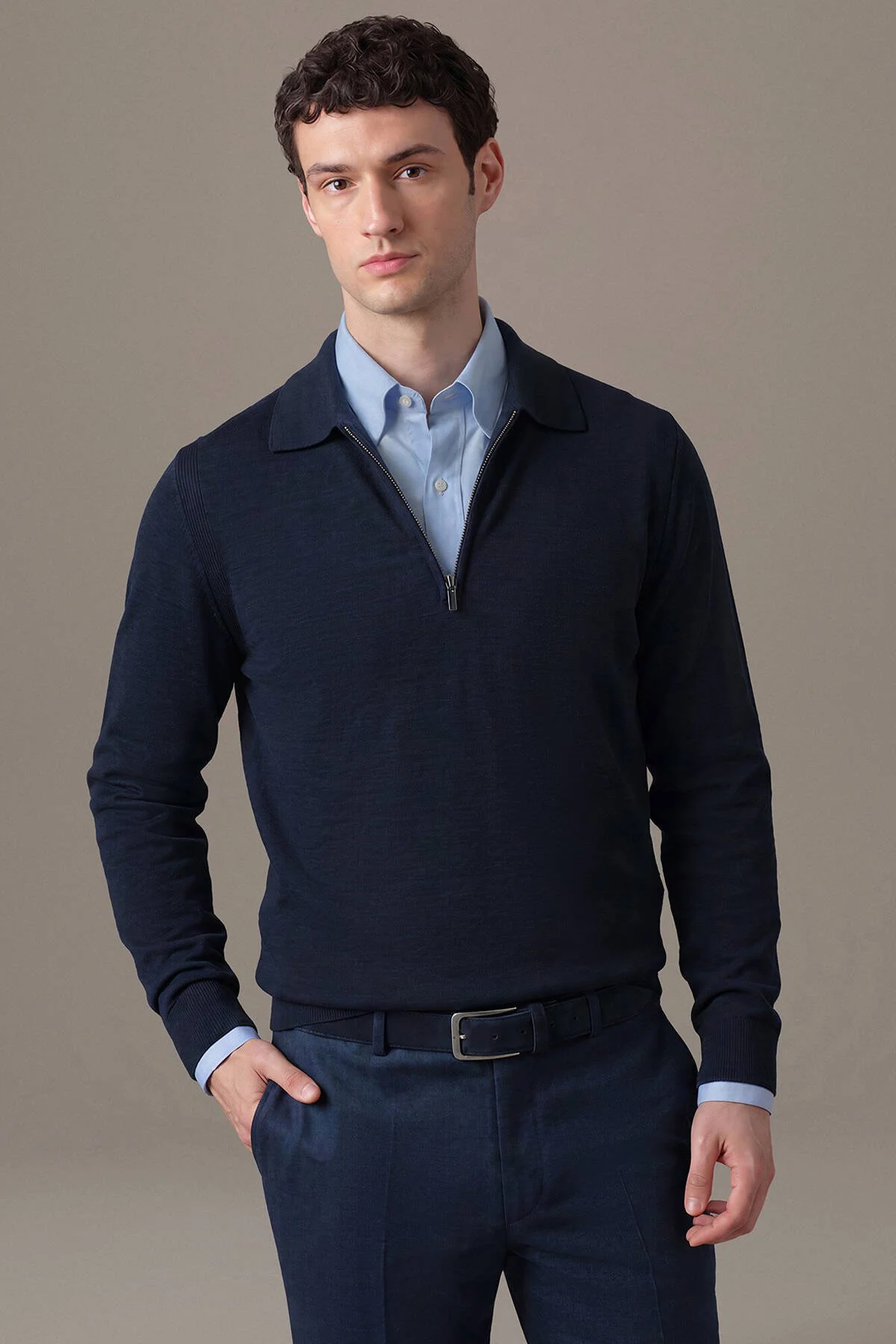 Hemington - Merino Yün İpek Karışım Polo Yaka Yarım Fermuarlı Lacivert Triko (1)