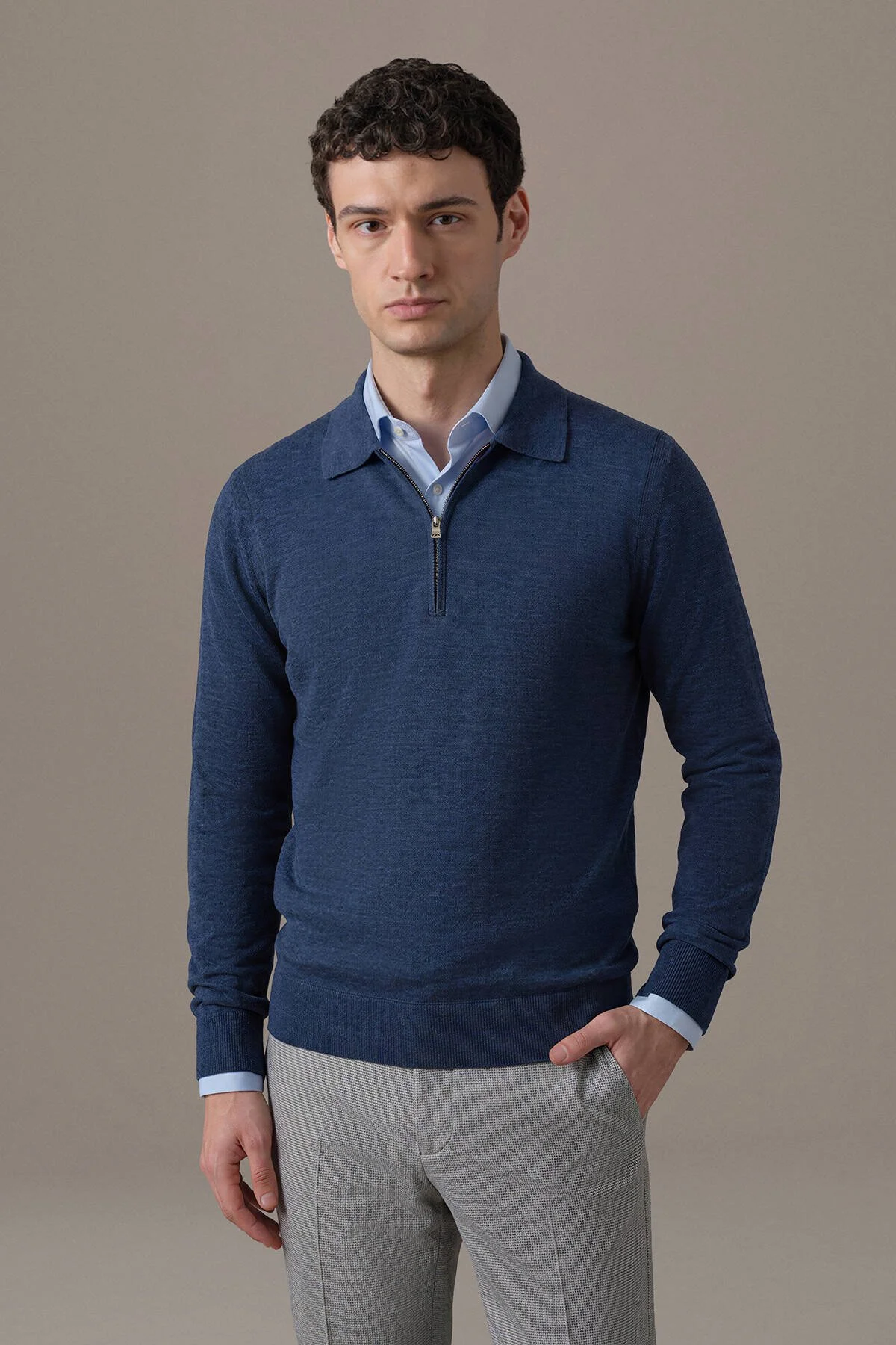 Hemington - Merino Yün İpek Karışım Polo Yaka Yarım Fermuarlı Mavi Triko (1)