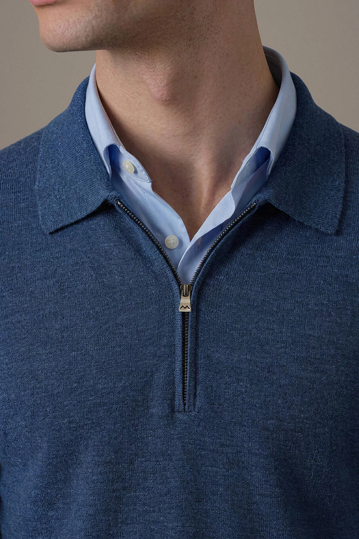 Hemington - Merino Yün İpek Karışım Polo Yaka Yarım Fermuarlı Mavi Triko (3)