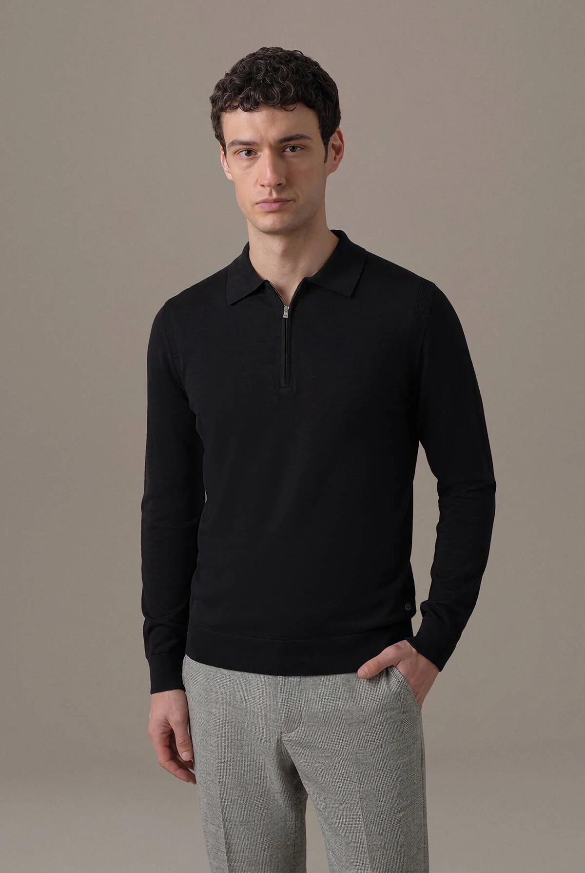 Hemington - Merino Yün İpek Karışım Polo Yaka Yarım Fermuarlı Siyah Triko (1)