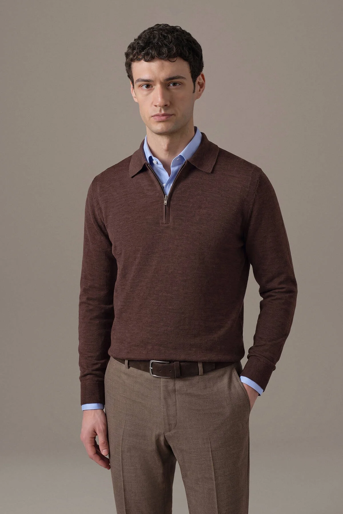 Hemington - Merino Yün İpek Yarım Fermuarlı Kahverengi Polo Triko (1)