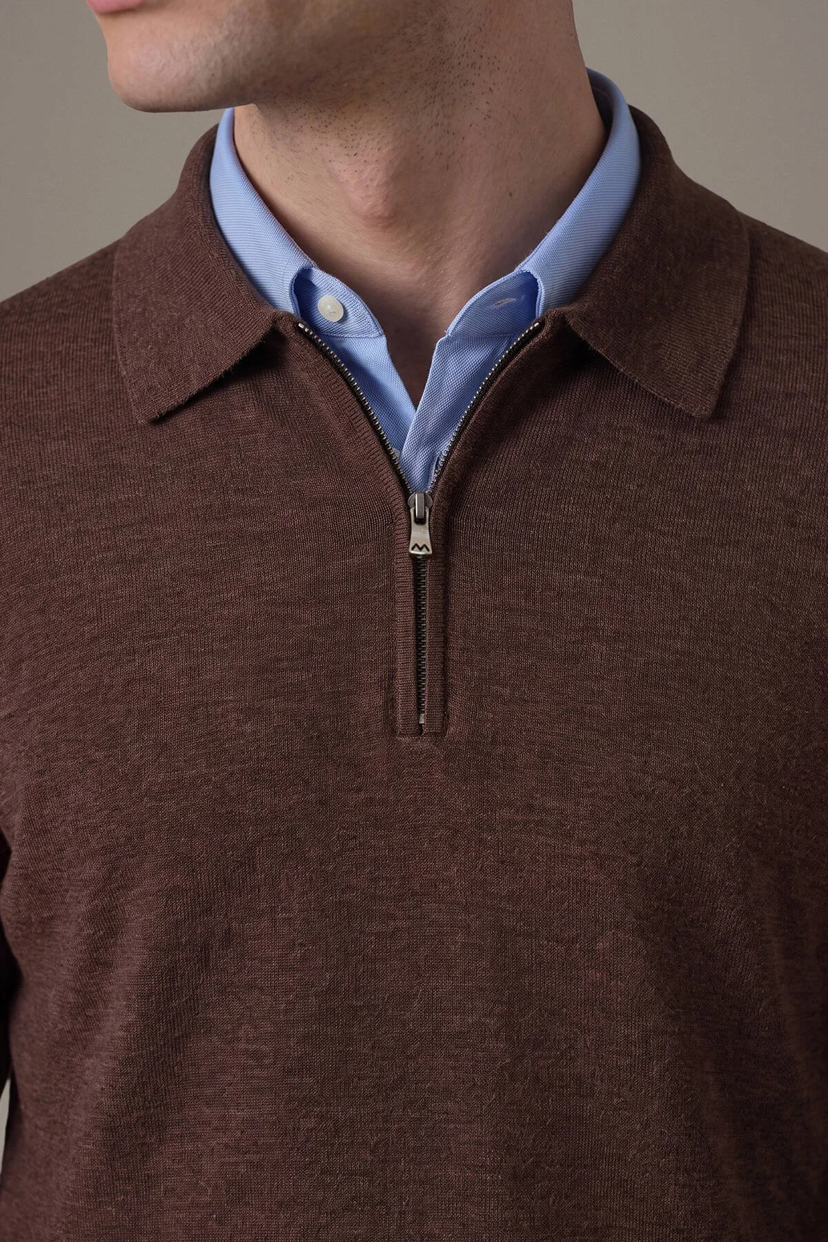 Hemington - Merino Yün İpek Yarım Fermuarlı Kahverengi Polo Triko (3)