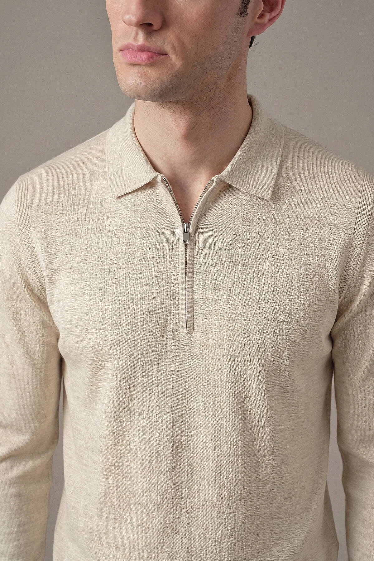 Hemington - Merino Yün İpek Yarım Fermuarlı Bej Polo Triko (3)