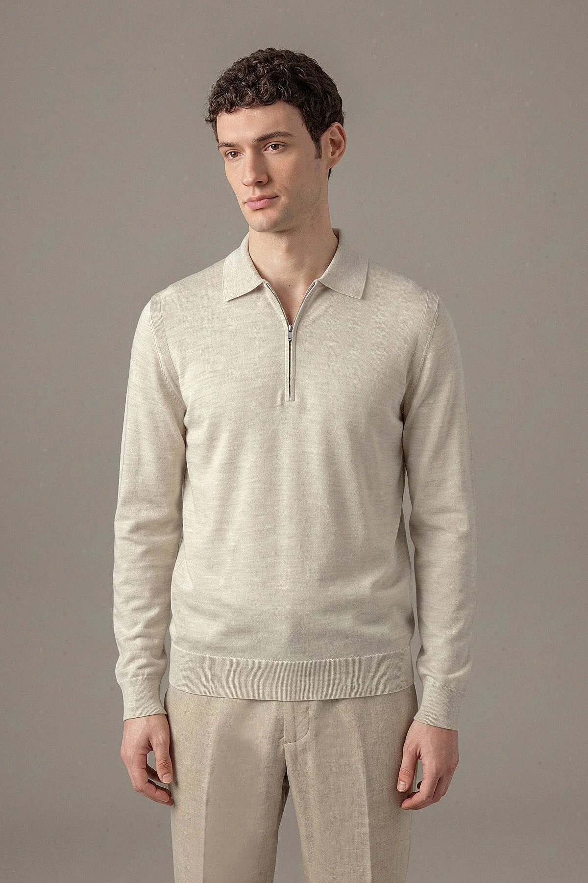 Hemington - Merino Yün İpek Yarım Fermuarlı Bej Polo Triko (1)
