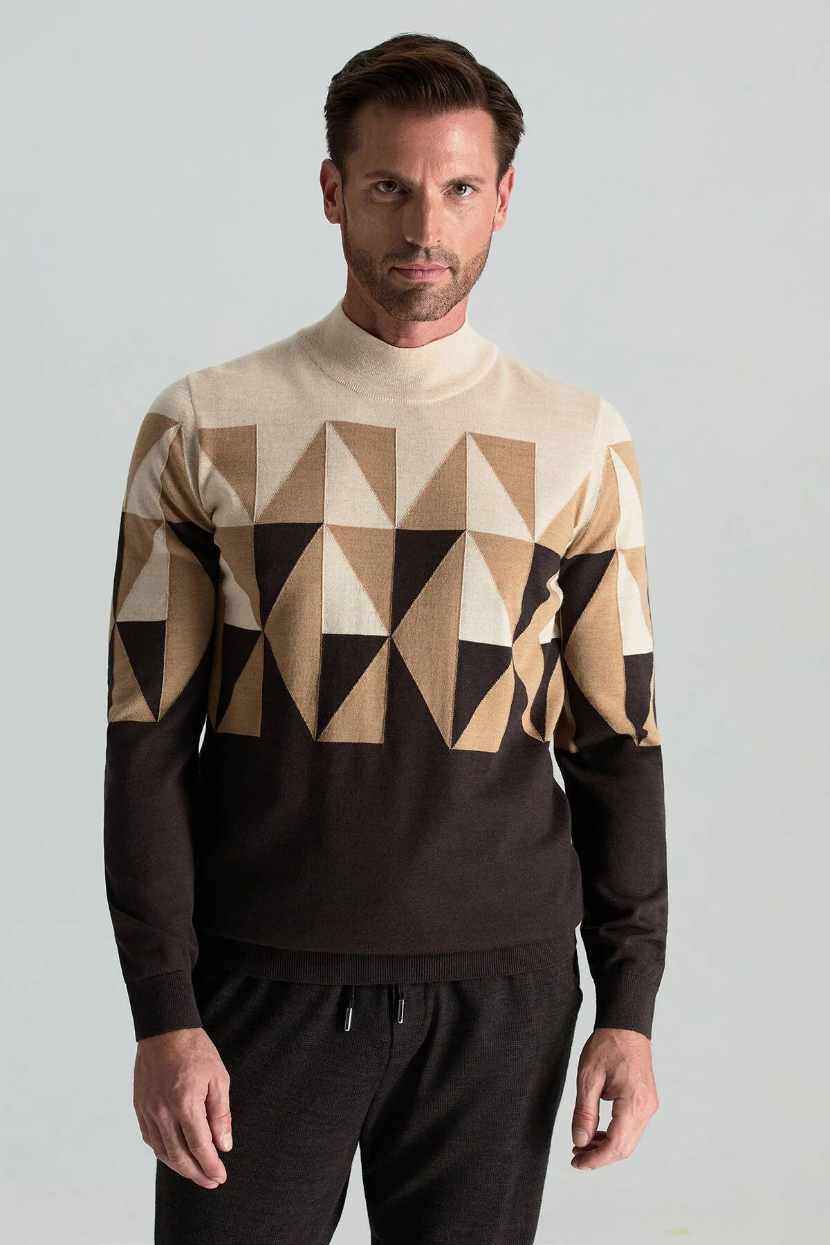 Hemington - Merino Yün Lupetto Yaka Desenli Kahverengi Triko (1)