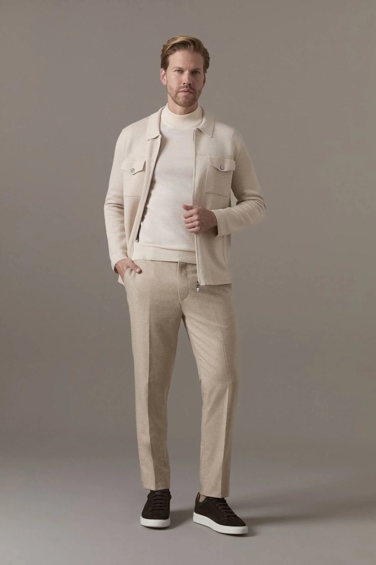 Hemington - Merino Yün Metal Düğme Cepli Açık Bej Triko Ceket (3)