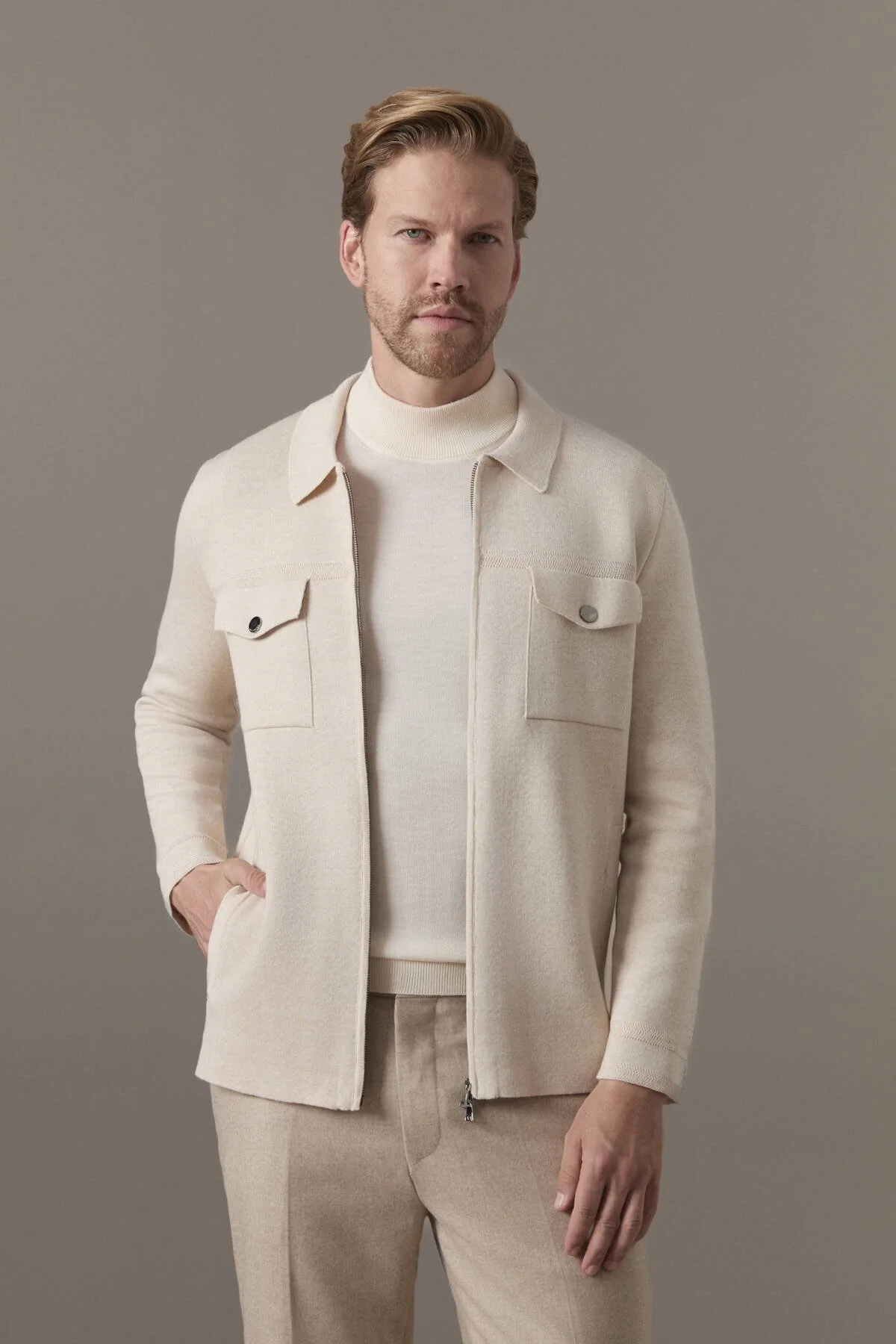 Hemington - Merino Yün Metal Düğme Cepli Açık Bej Triko Ceket (1)
