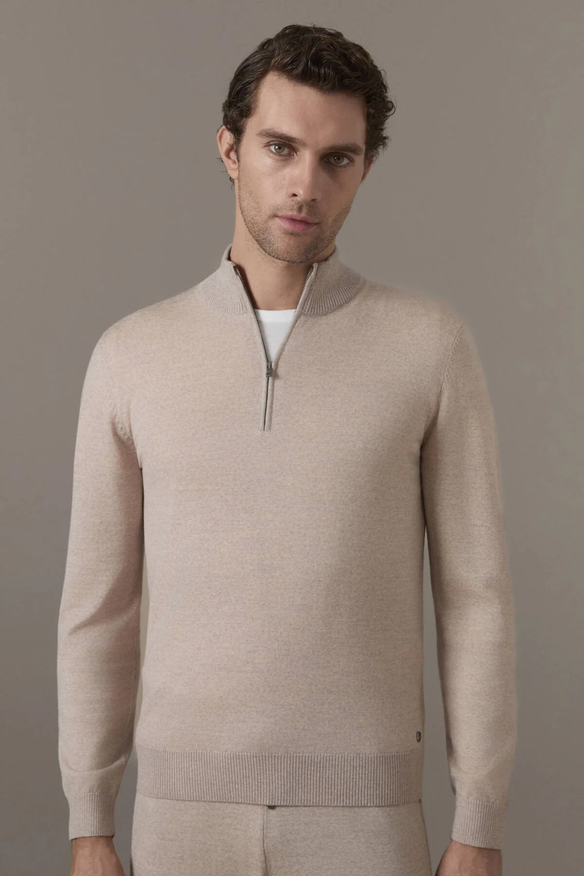 Hemington - Merino Yün-Modal Yarım Fermuarlı Camel Triko (1)