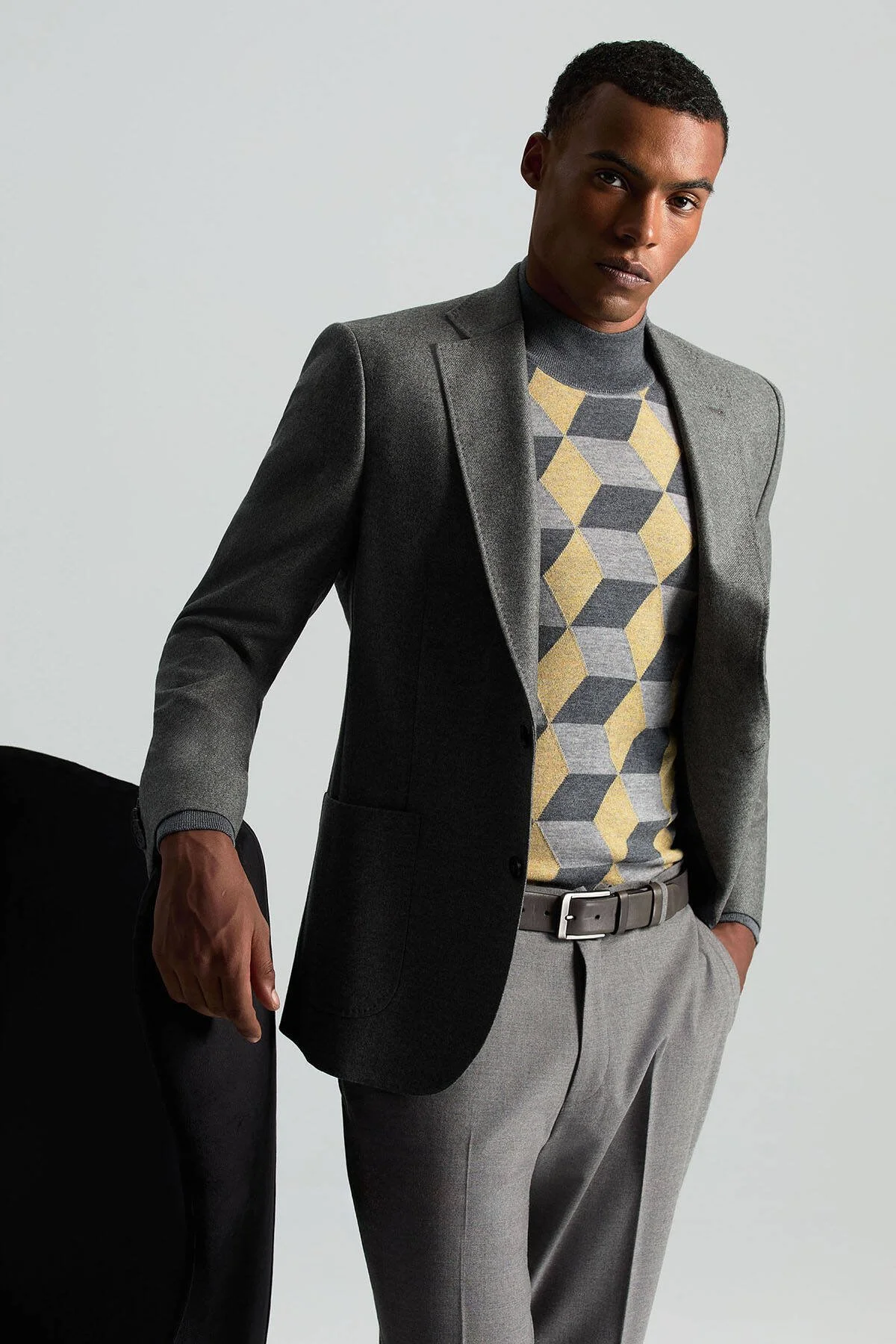 Hemington - Merino Yünü Argyle Desen Lupetto Yaka Orta Gri Triko (2)