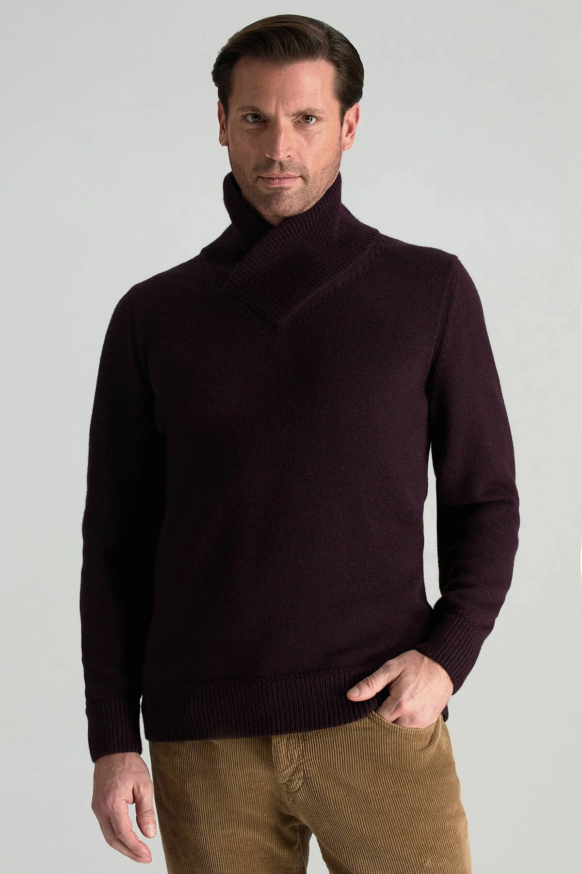 Hemington - Merino Yünü Şal Yaka Bordo Triko Kazak (1)