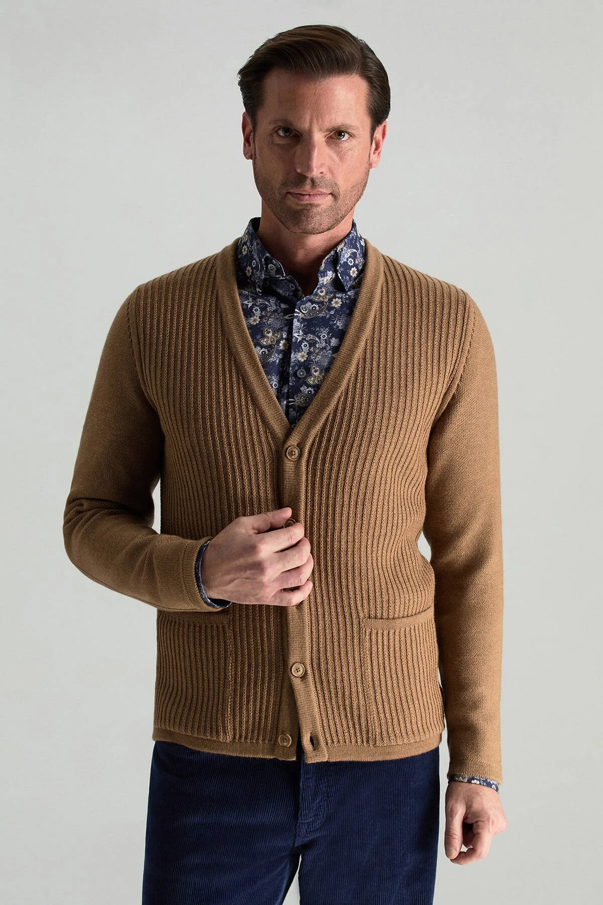 Hemington - Merino Yünü Şerit Desenli Camel Triko Hırka (1)