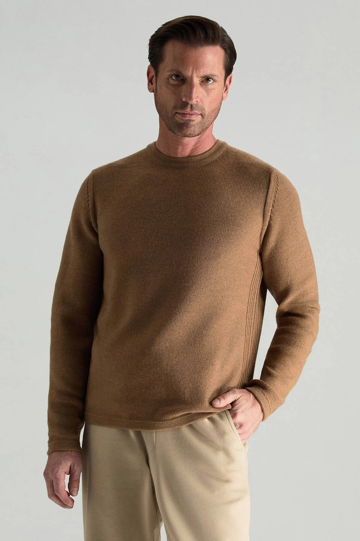 Hemington - Merino Yünü Şerit Detaylı Bisiklet Yaka Camel Triko Kazak (1)