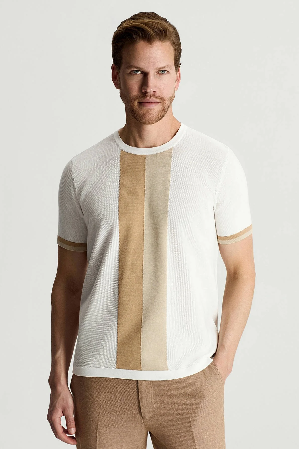 Hemington - Merserize Pamuk Blok Detaylı Bisiklet Yaka Beyaz-Bej Triko T-Shirt (1)