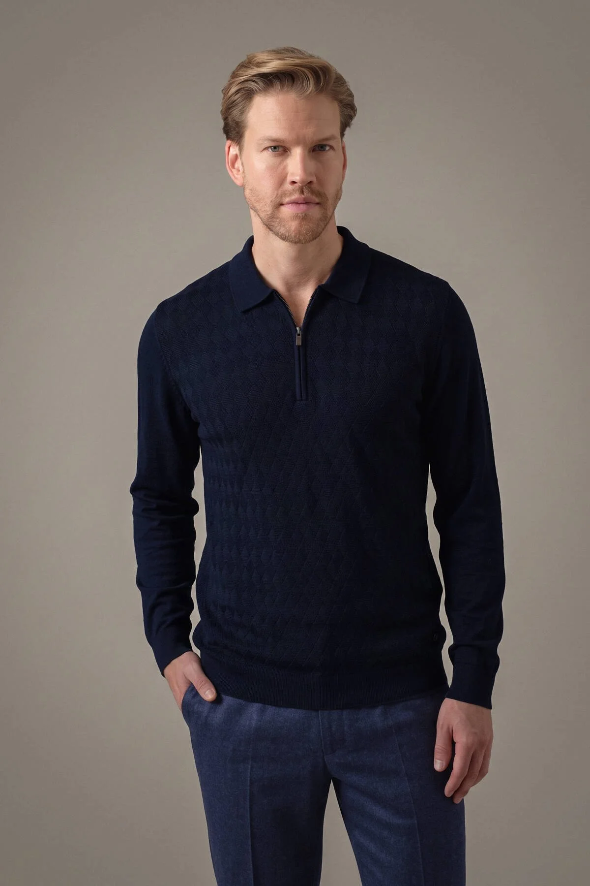 Hemington - Mini Argyle Desen Alcantara Patch Lacivert Polo Triko (1)