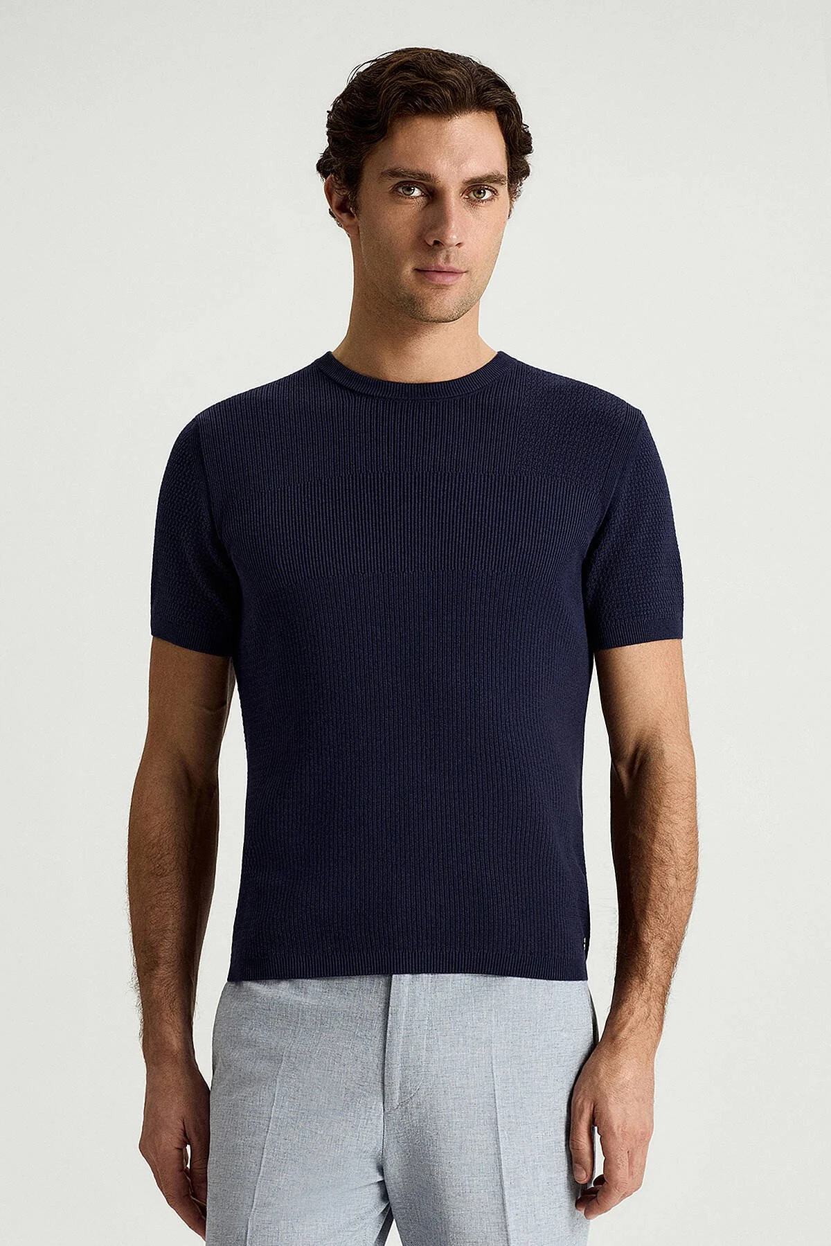 Hemington - Modal Pamuk Karışım Fitilli Örgü Detaylı Lacivert T-Shirt (1)